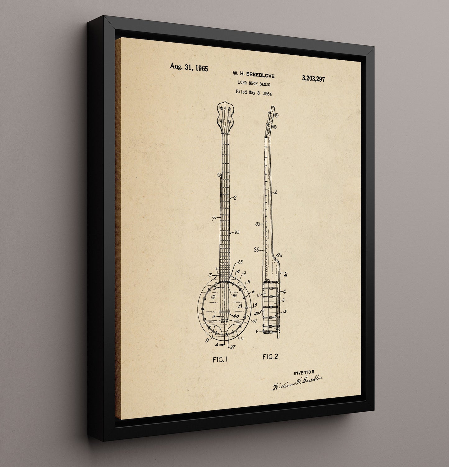 Patent Print - Long Neck Banjo - William H. Breedlove - 1965 - Patent 3203297 Patent Wall Art