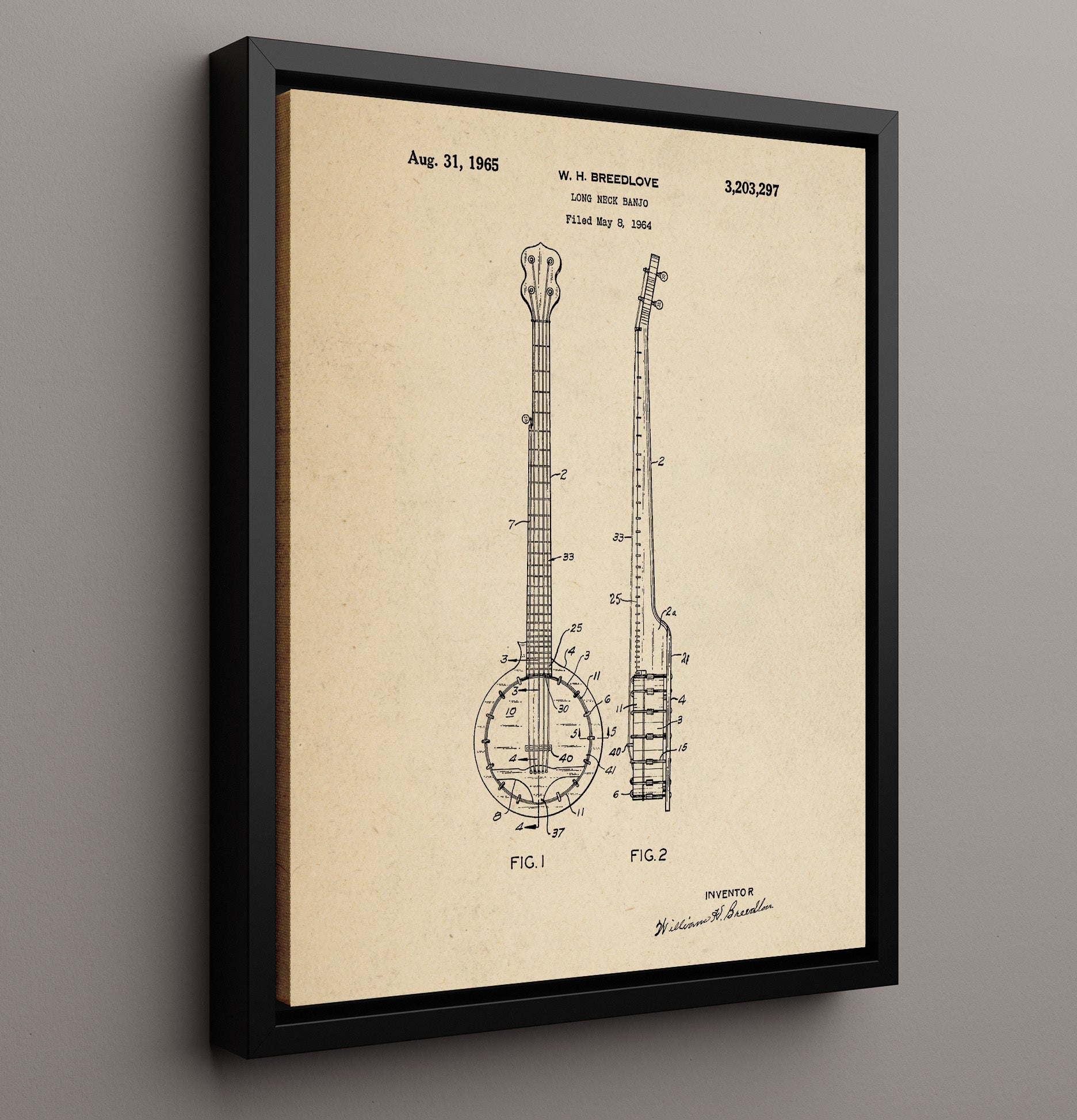 Patent Print - Long Neck Banjo - William H. Breedlove - 1965 - Patent 3203297 Patent Wall Art