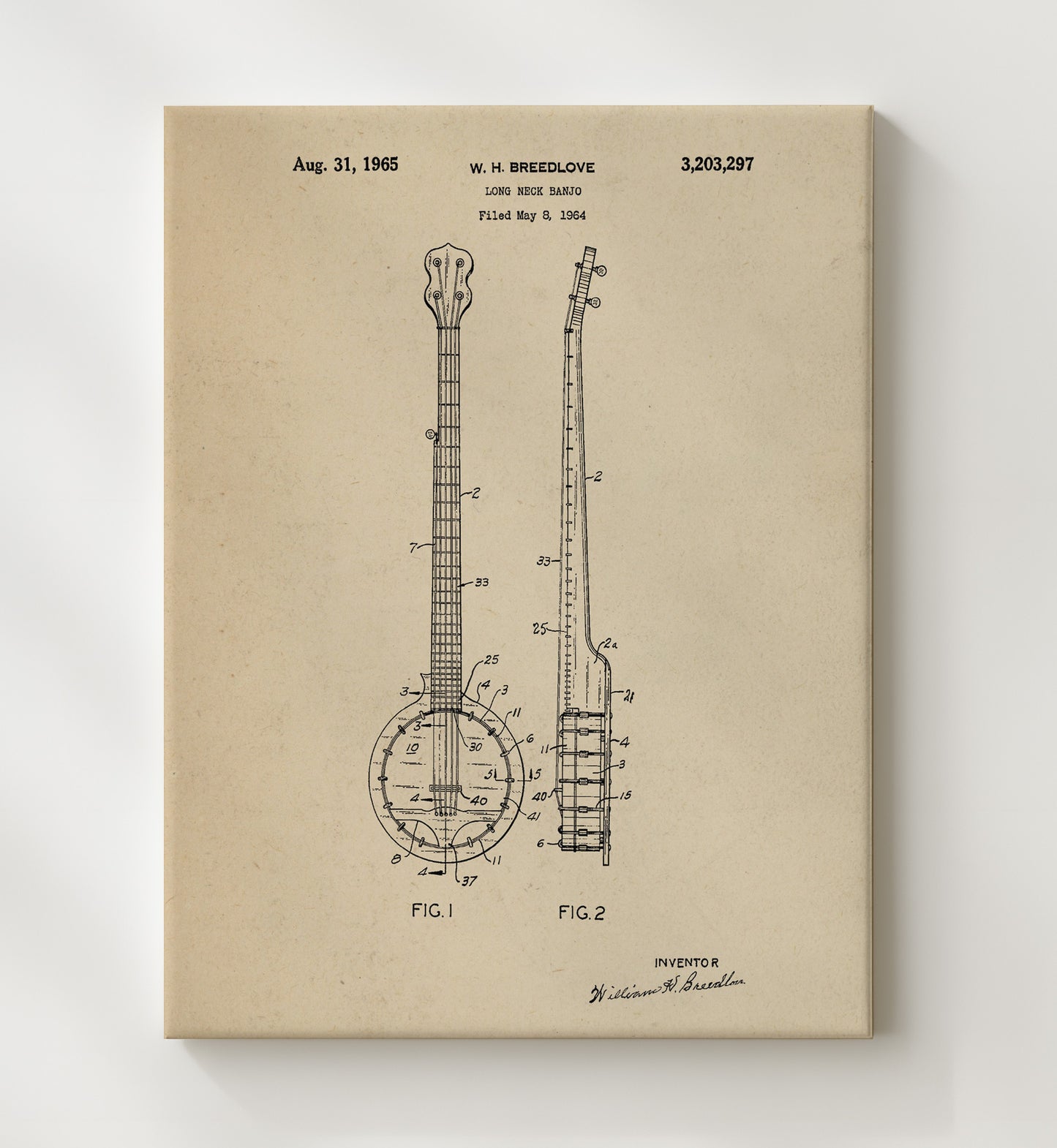 Patent Print - Long Neck Banjo - William H. Breedlove - 1965 - Patent 3203297 Patent Wall Art