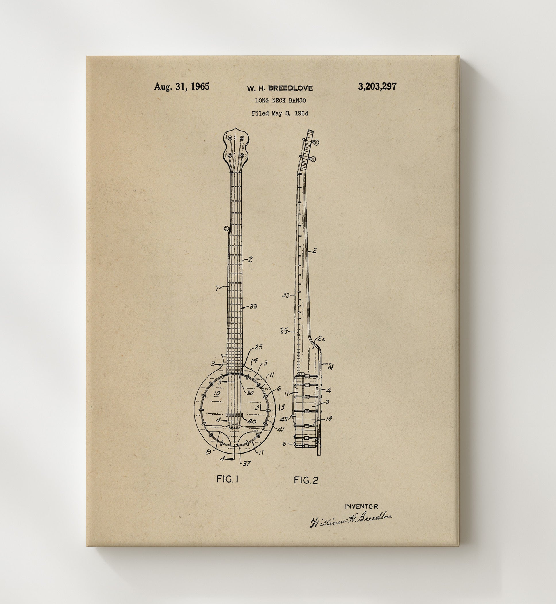 Patent Print - Long Neck Banjo - William H. Breedlove - 1965 - Patent 3203297 Patent Wall Art