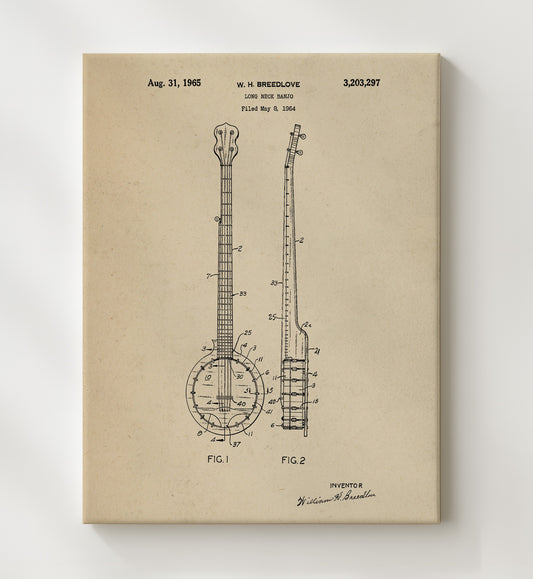 Long Neck Banjo - 1965 Patent - 20x24 Canvas