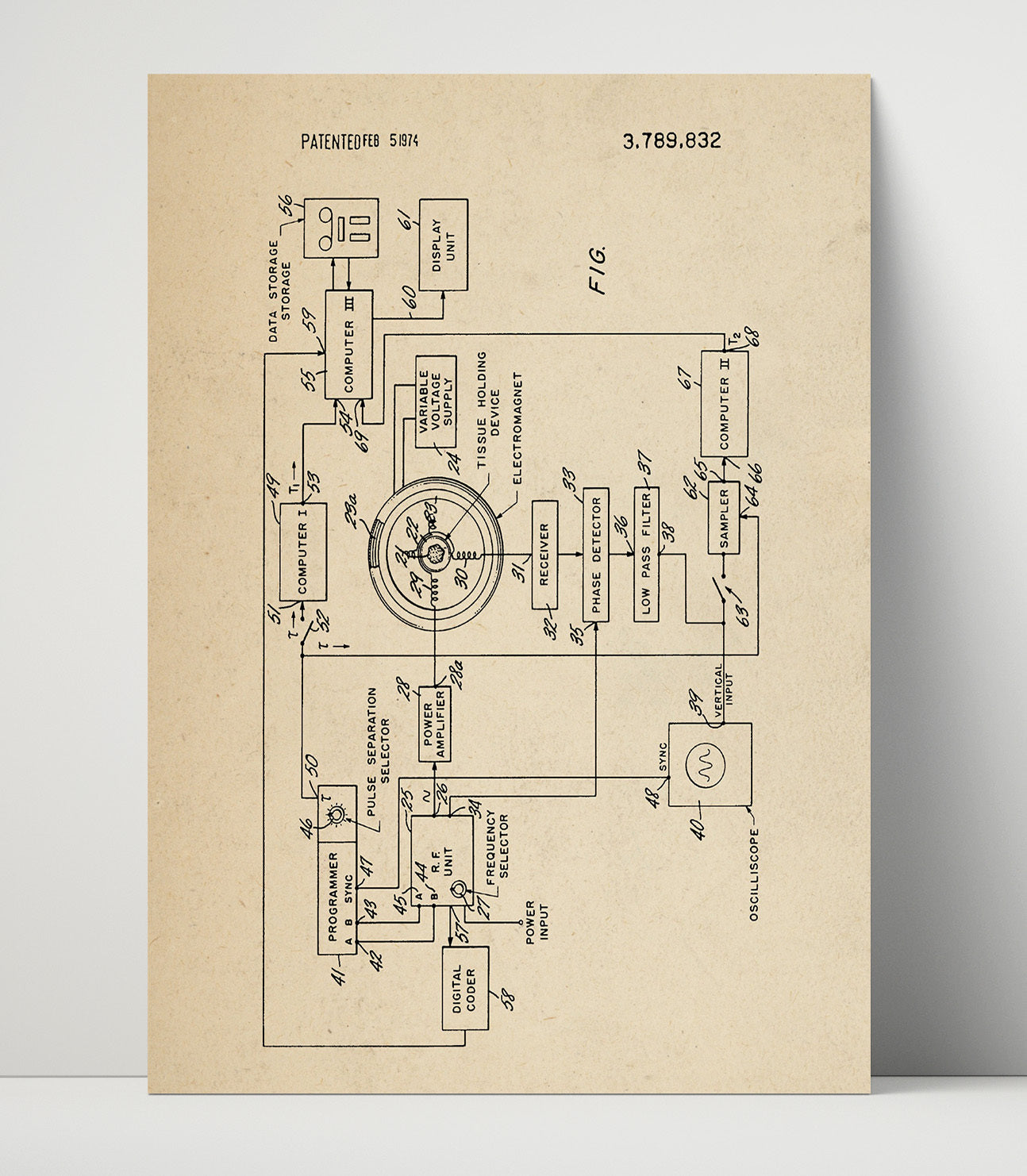 Patent Print - Magnetic Resonance Imaging System - Raymond Damadian - 1974 - Patent 3789832 Patent Wall Art