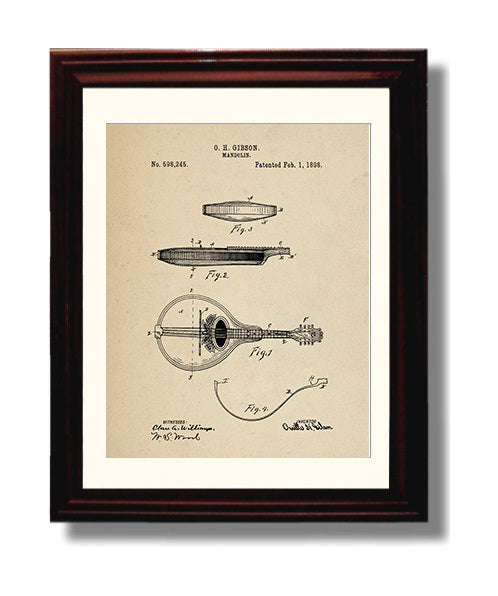 Patent Print - Mandolin - Orville H. Gibson - 1898 - Patent 598245 Patent Wall Art