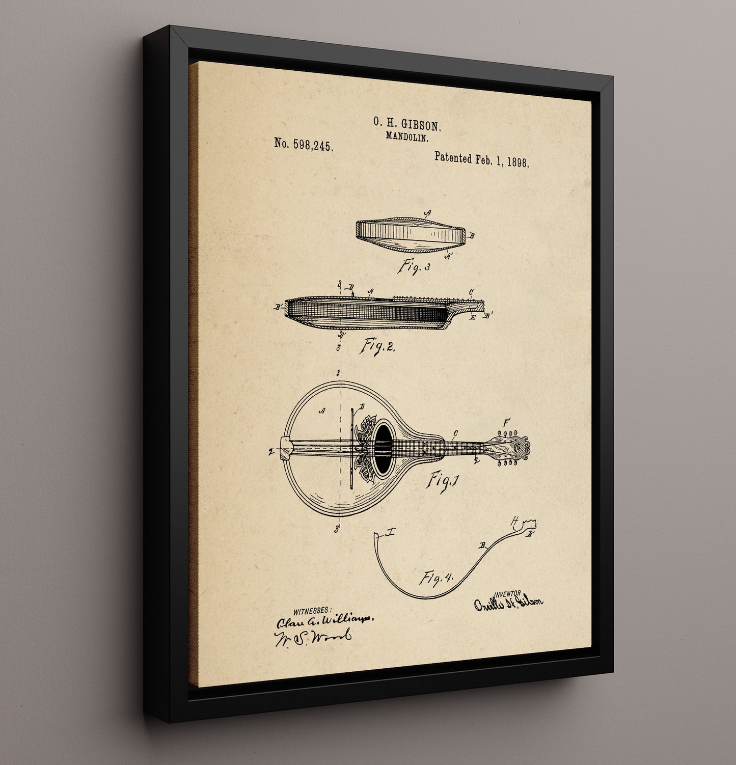 Patent Print - Mandolin - Orville H. Gibson - 1898 - Patent 598245 Patent Wall Art
