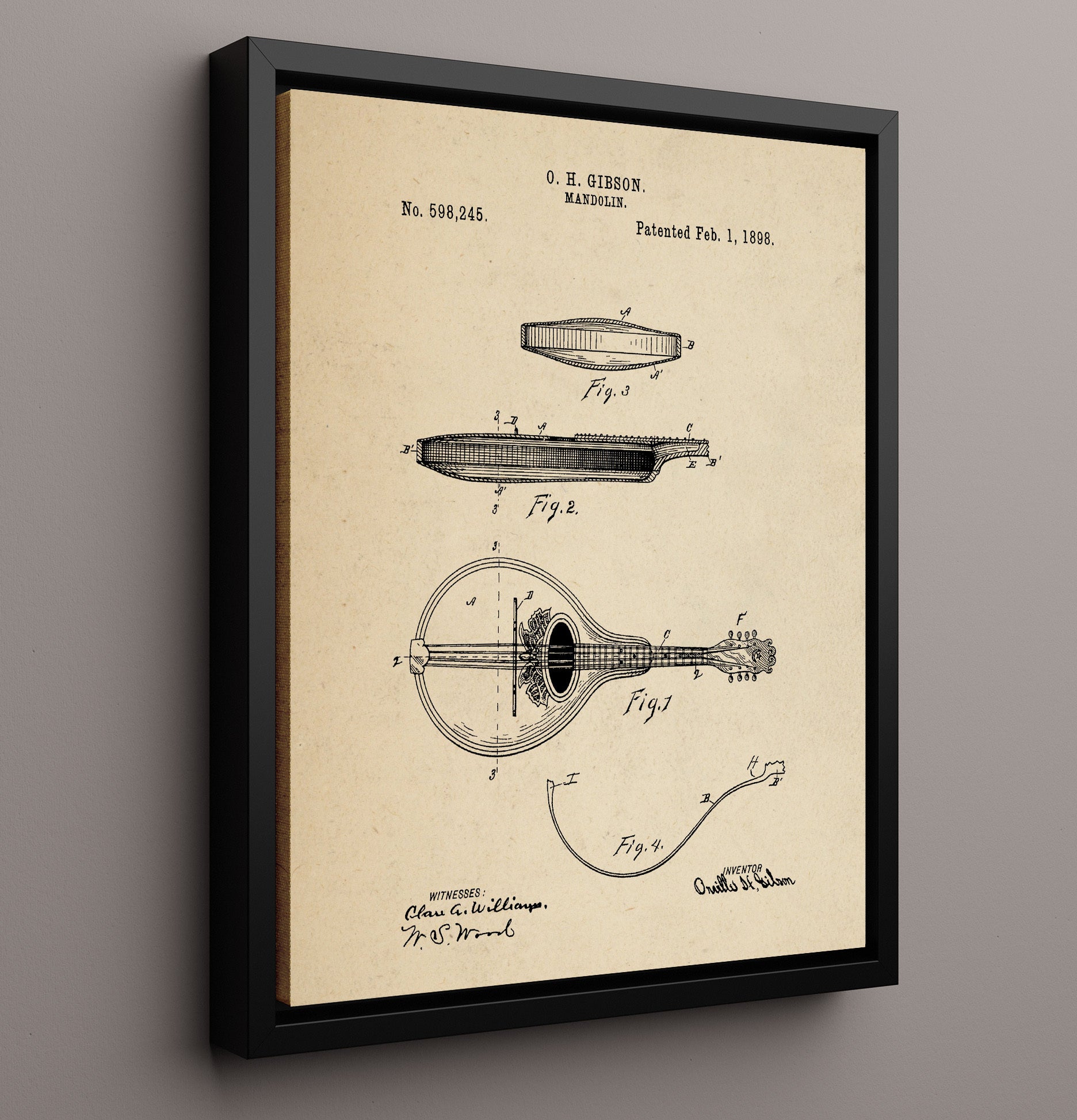 Patent Print - Mandolin - Orville H. Gibson - 1898 - Patent 598245 Patent Wall Art