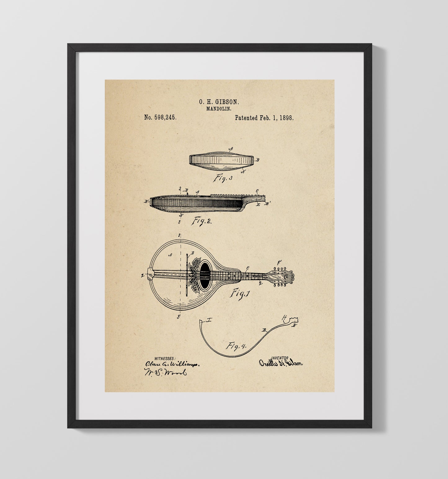 Patent Print - Mandolin - Orville H. Gibson - 1898 - Patent 598245 Patent Wall Art