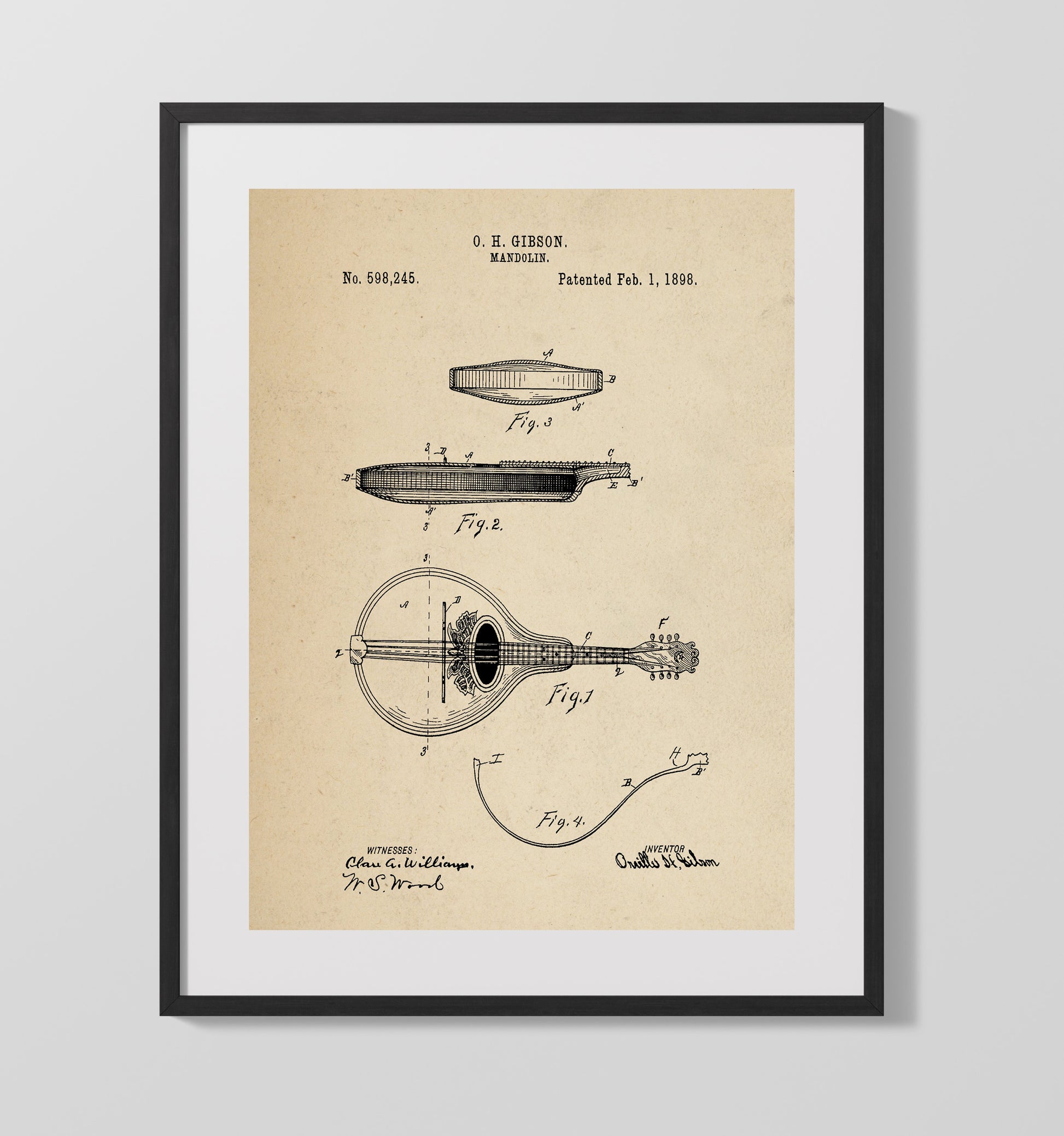 Patent Print - Mandolin - Orville H. Gibson - 1898 - Patent 598245 Patent Wall Art