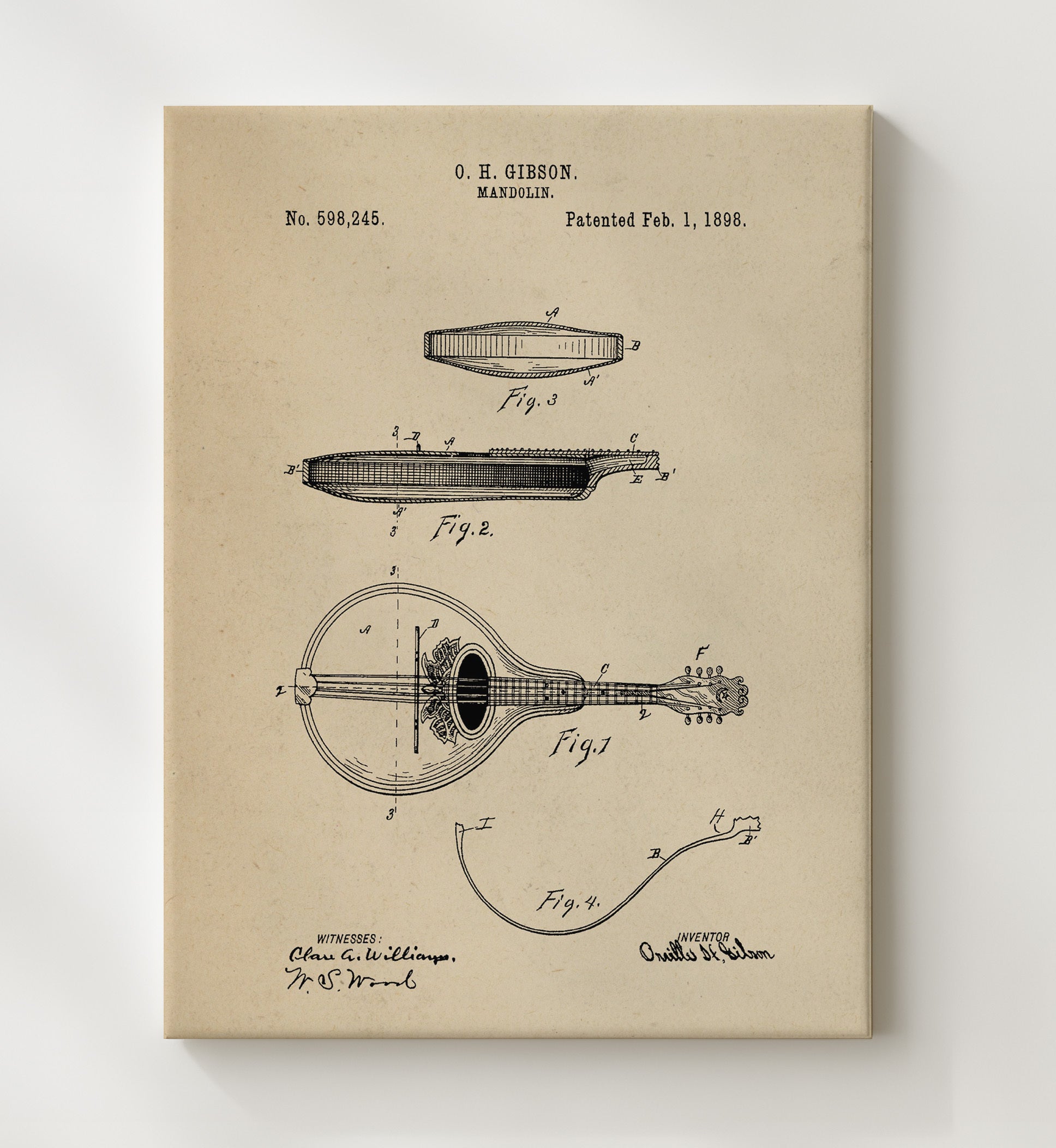 Patent Print - Mandolin - Orville H. Gibson - 1898 - Patent 598245 Patent Wall Art