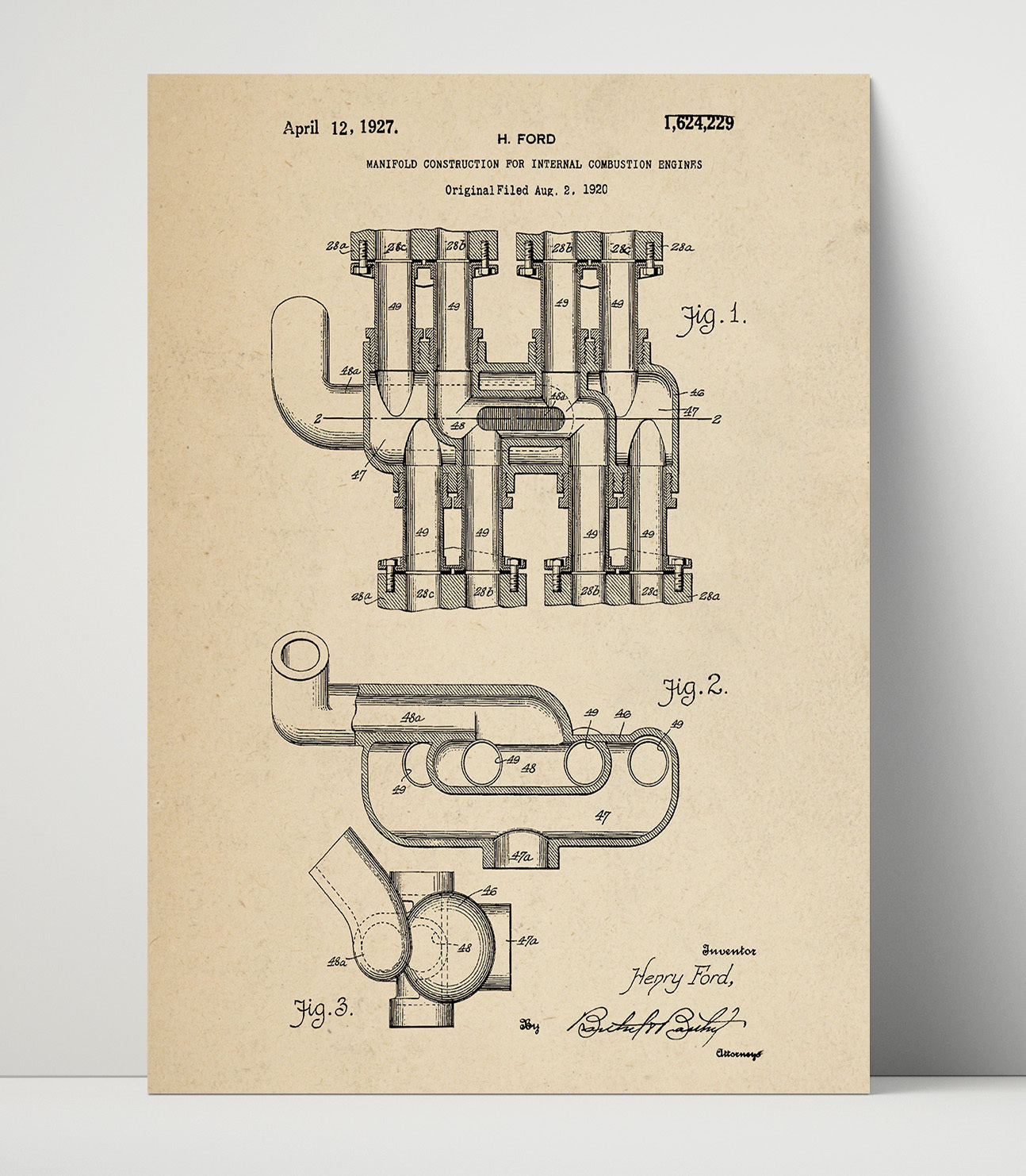 Patent Print - Manifold Construction For Internal Combustion Engines - Henry Ford - 1927 - Patent 1624229 Patent Wall Art