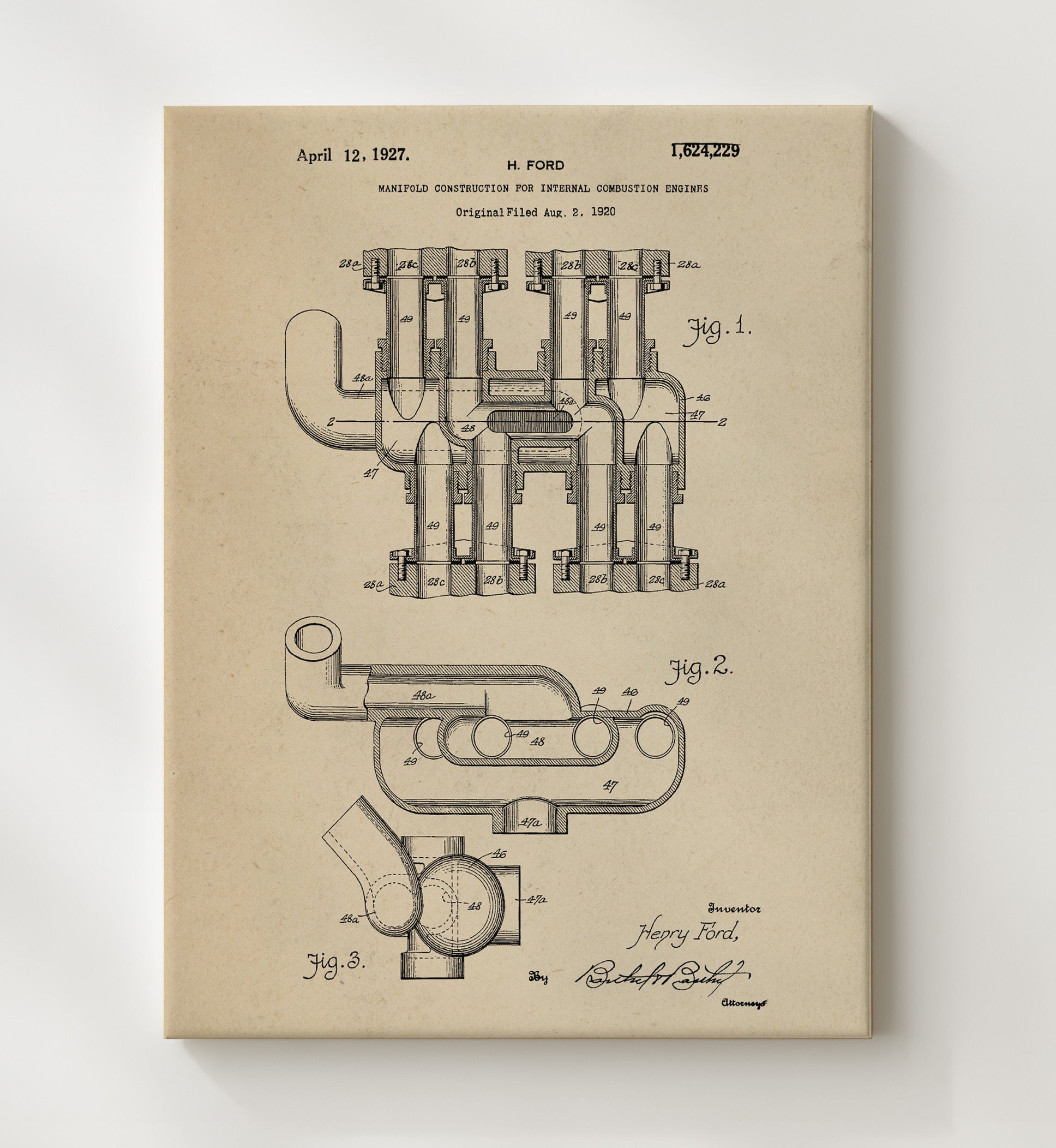 Patent Print - Manifold Construction For Internal Combustion Engines - Henry Ford - 1927 - Patent 1624229 Patent Wall Art