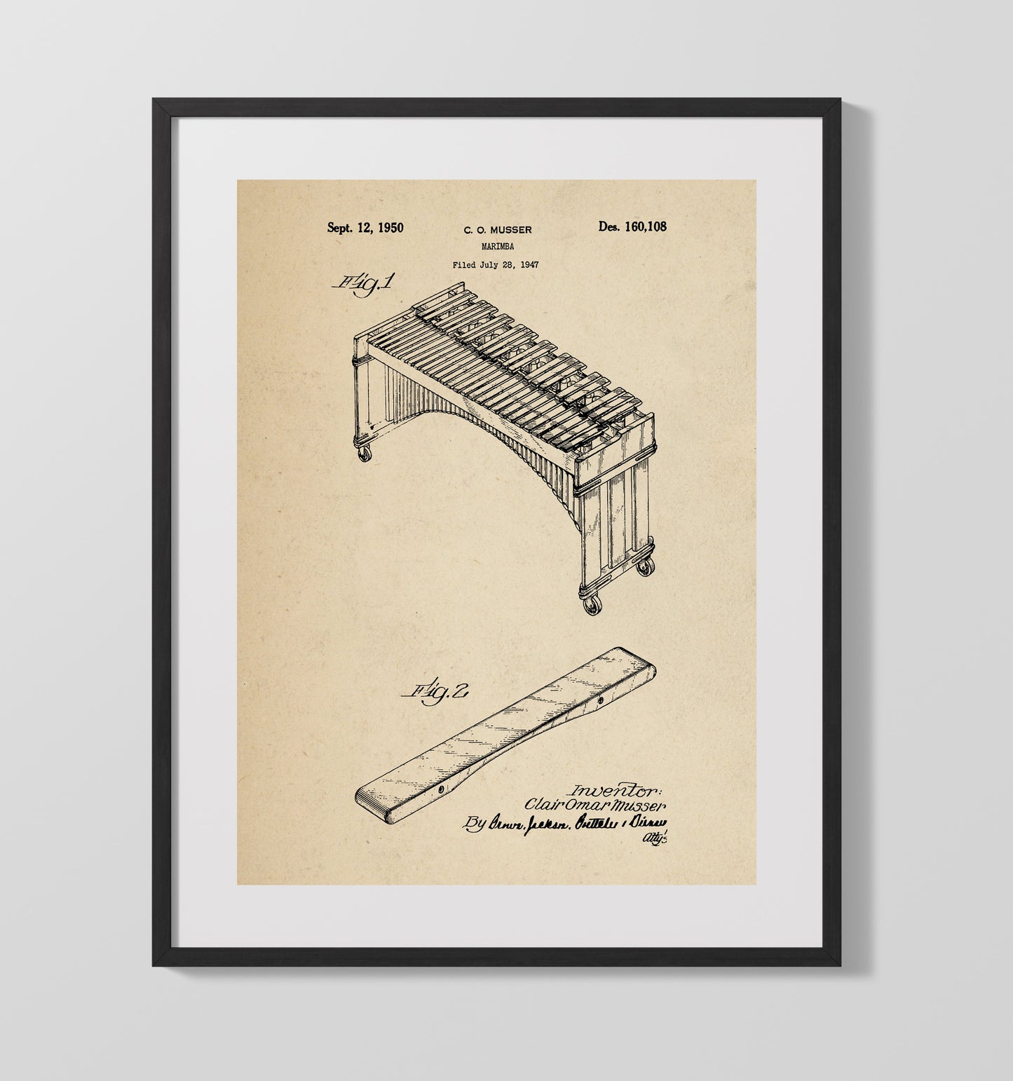 Patent Print - Marimba - Clair Omar Musser - 1950 - Patent 160108 Patent Wall Art