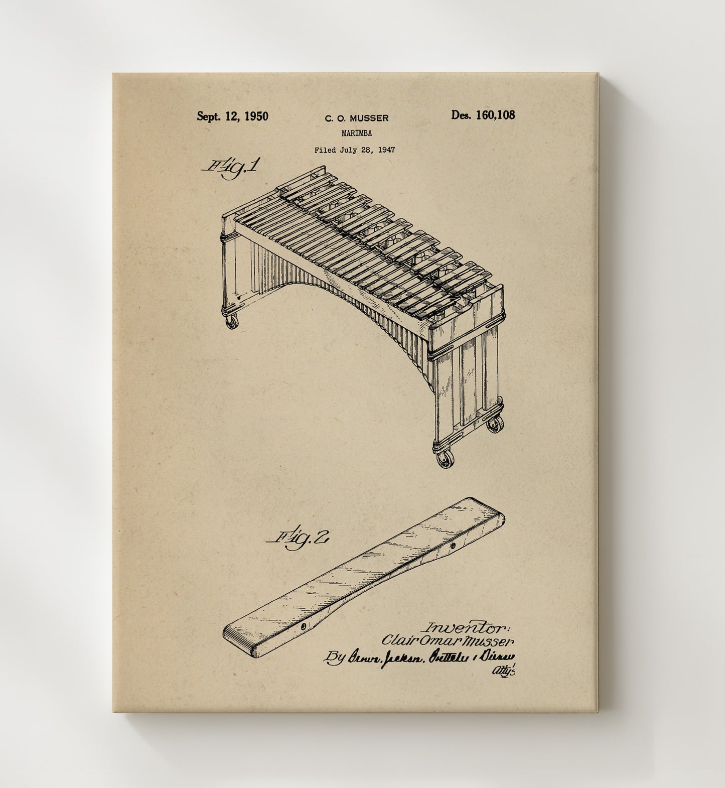Patent Print - Marimba - Clair Omar Musser - 1950 - Patent 160108 Patent Wall Art
