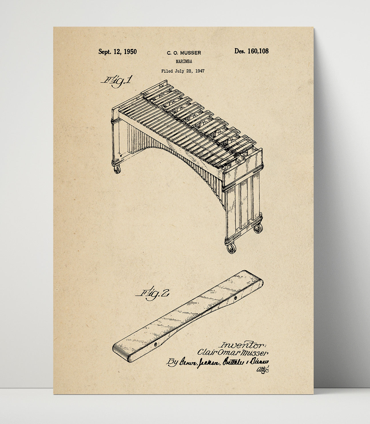 Patent Print - Marimba - Clair Omar Musser - 1950 - Patent 160108 Patent Wall Art