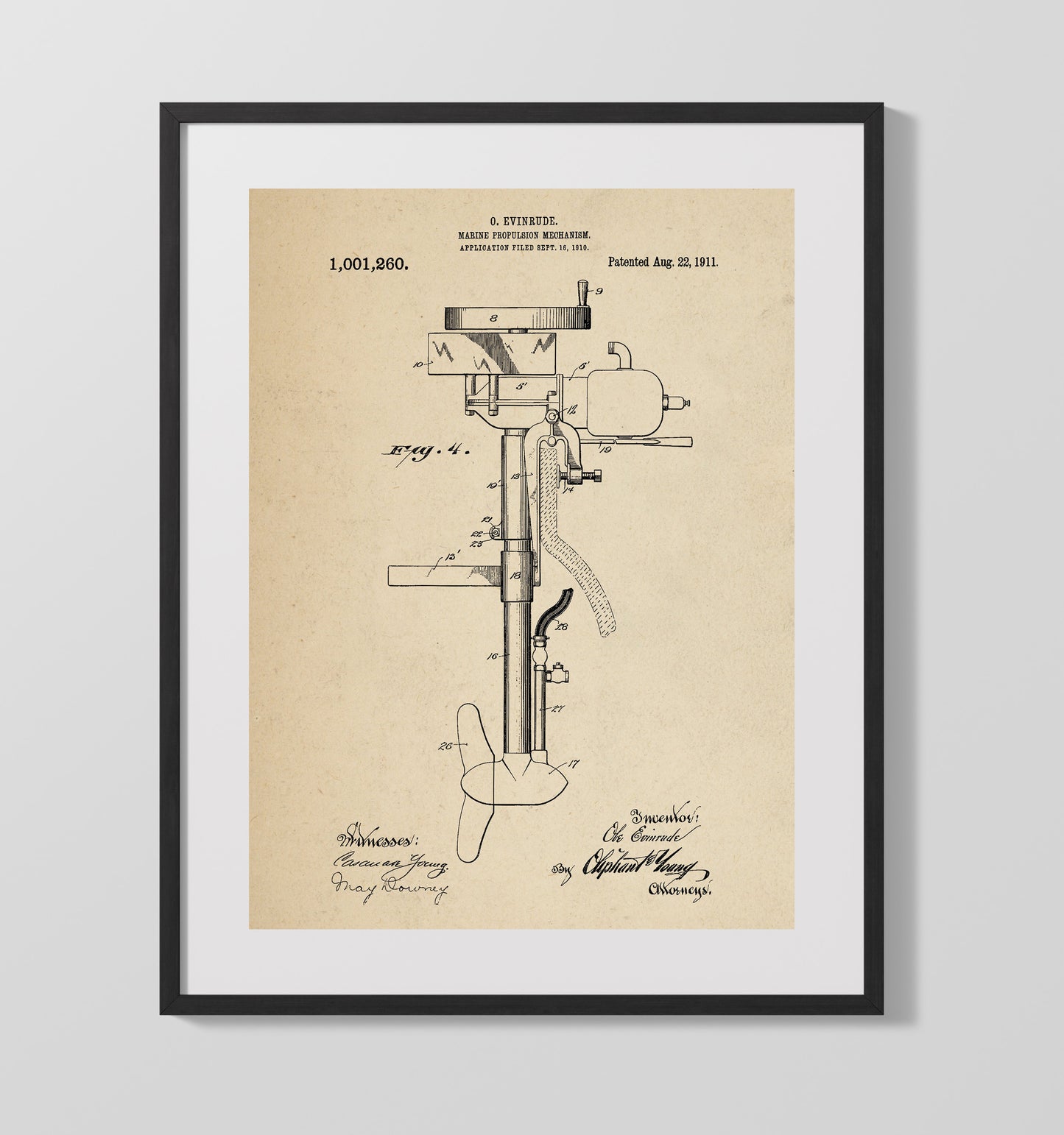 Patent Print - Marine Propulsion Mechanism - O Evinrude - 1911 - Patent 1001260 Patent Wall Art