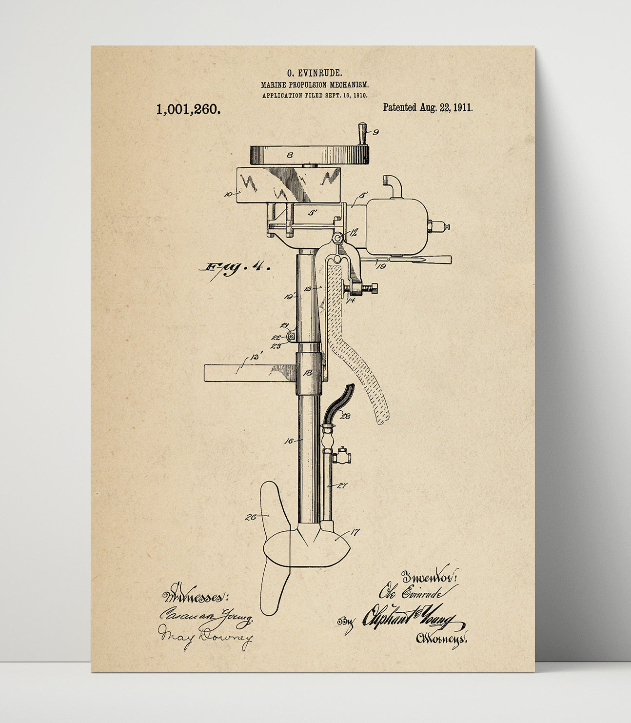 Patent Print - Marine Propulsion Mechanism - O Evinrude - 1911 - Patent 1001260 Patent Wall Art