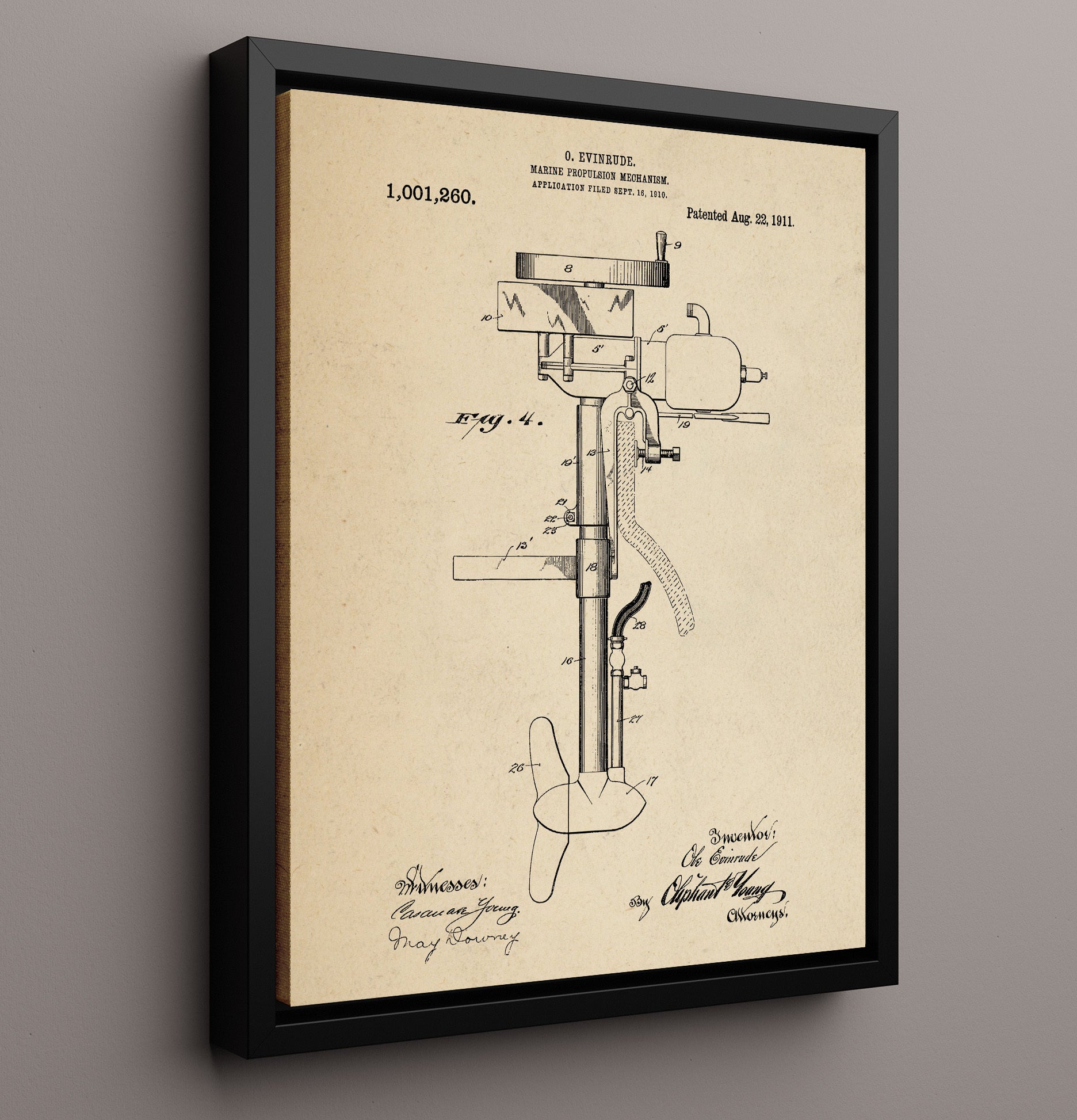Patent Print - Marine Propulsion Mechanism - O Evinrude - 1911 - Patent 1001260 Patent Wall Art