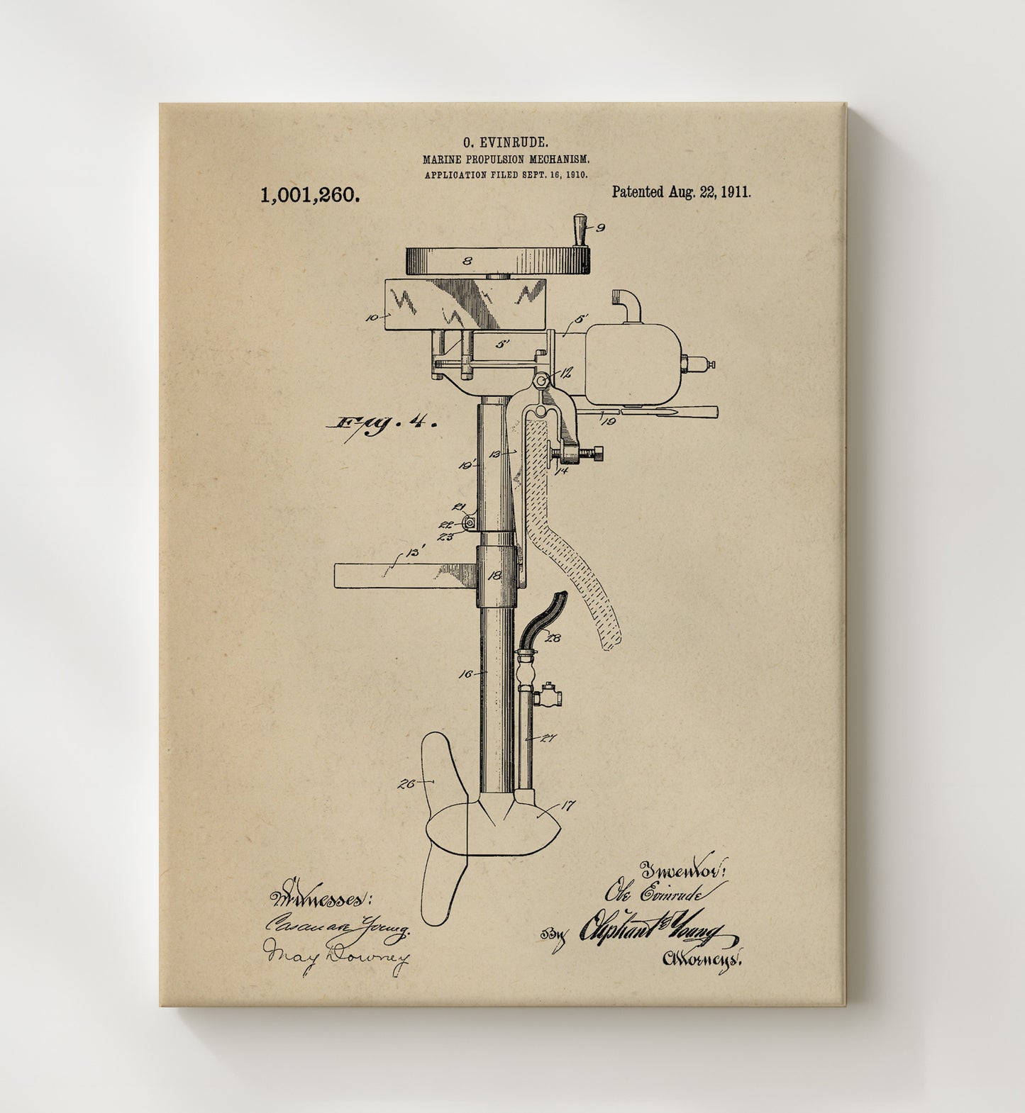 Patent Print - Marine Propulsion Mechanism - O Evinrude - 1911 - Patent 1001260 Patent Wall Art