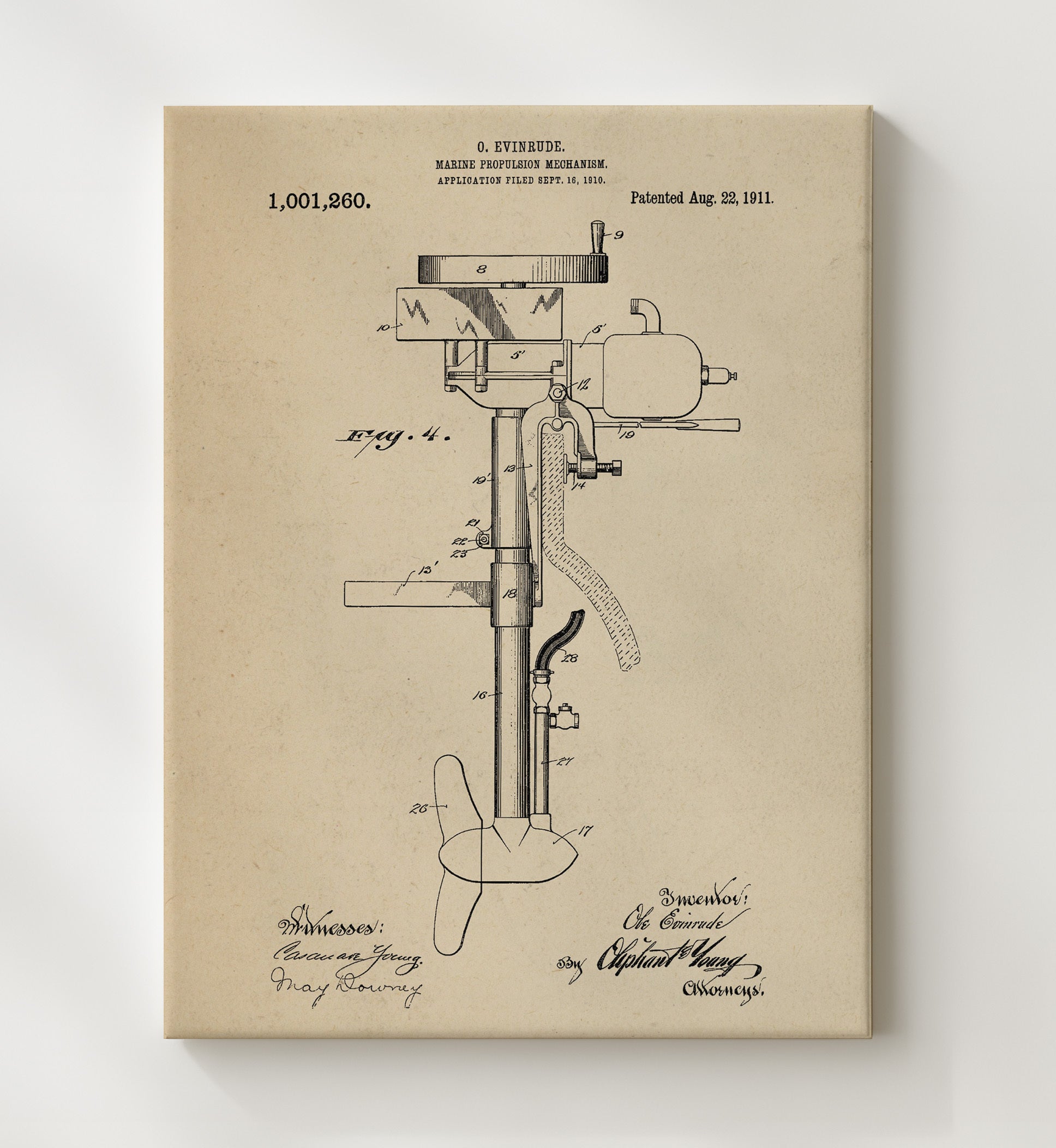 Patent Print - Marine Propulsion Mechanism - O Evinrude - 1911 - Patent 1001260 Patent Wall Art