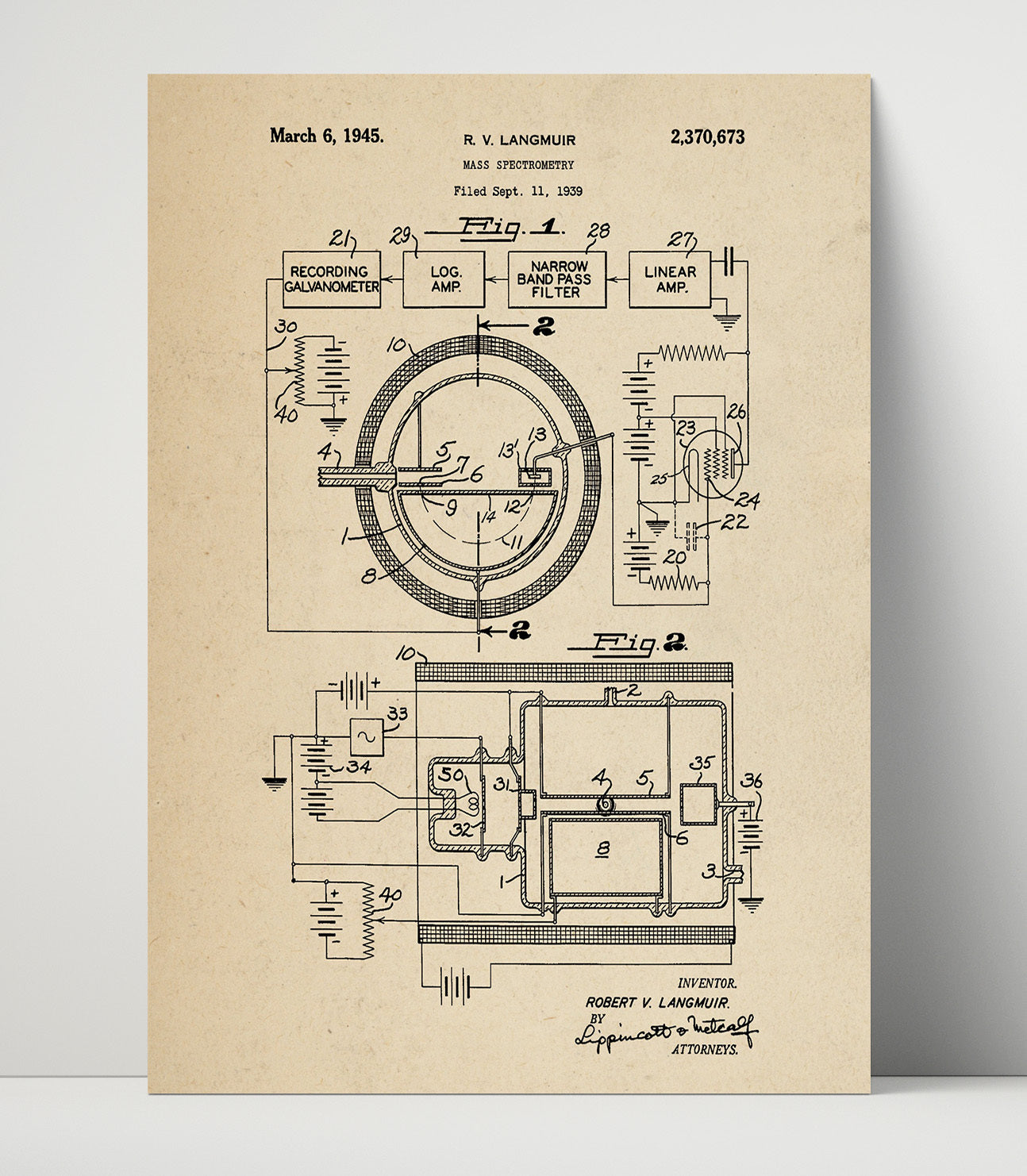 Patent Print - Mass Spectrometry Apparatus - Robert V Langmuir - 1945 - Patent 2370673 Patent Wall Art