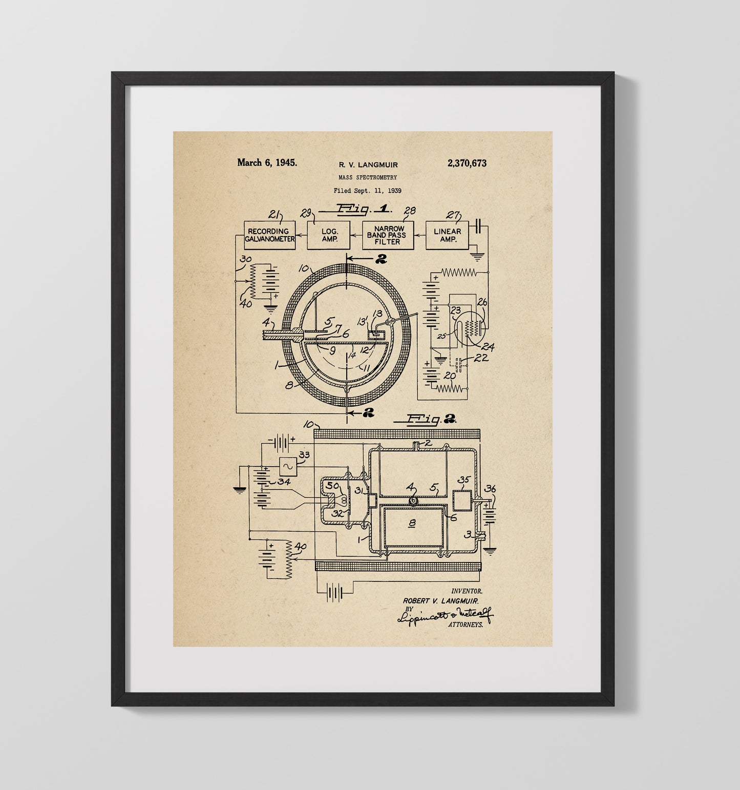 Patent Print - Mass Spectrometry Apparatus - Robert V Langmuir - 1945 - Patent 2370673 Patent Wall Art