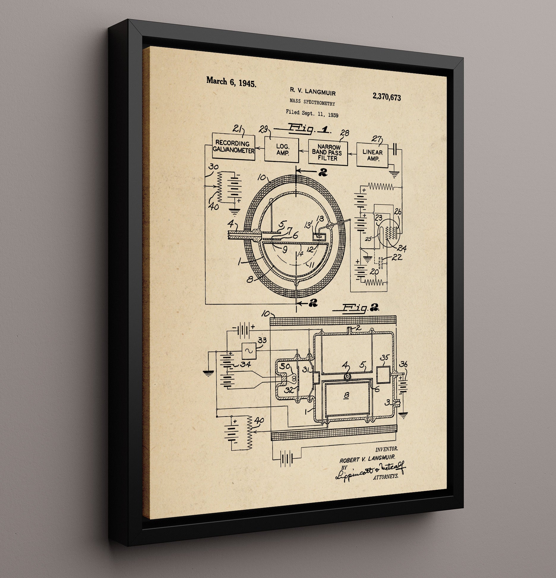 Patent Print - Mass Spectrometry Apparatus - Robert V Langmuir - 1945 - Patent 2370673 Patent Wall Art