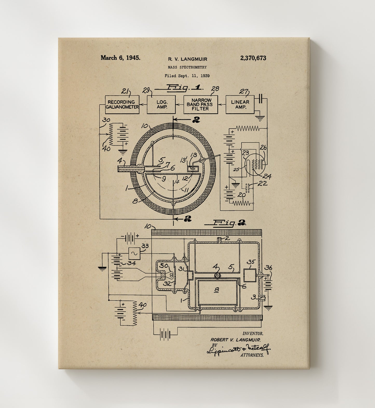 Patent Print - Mass Spectrometry Apparatus - Robert V Langmuir - 1945 - Patent 2370673 Patent Wall Art