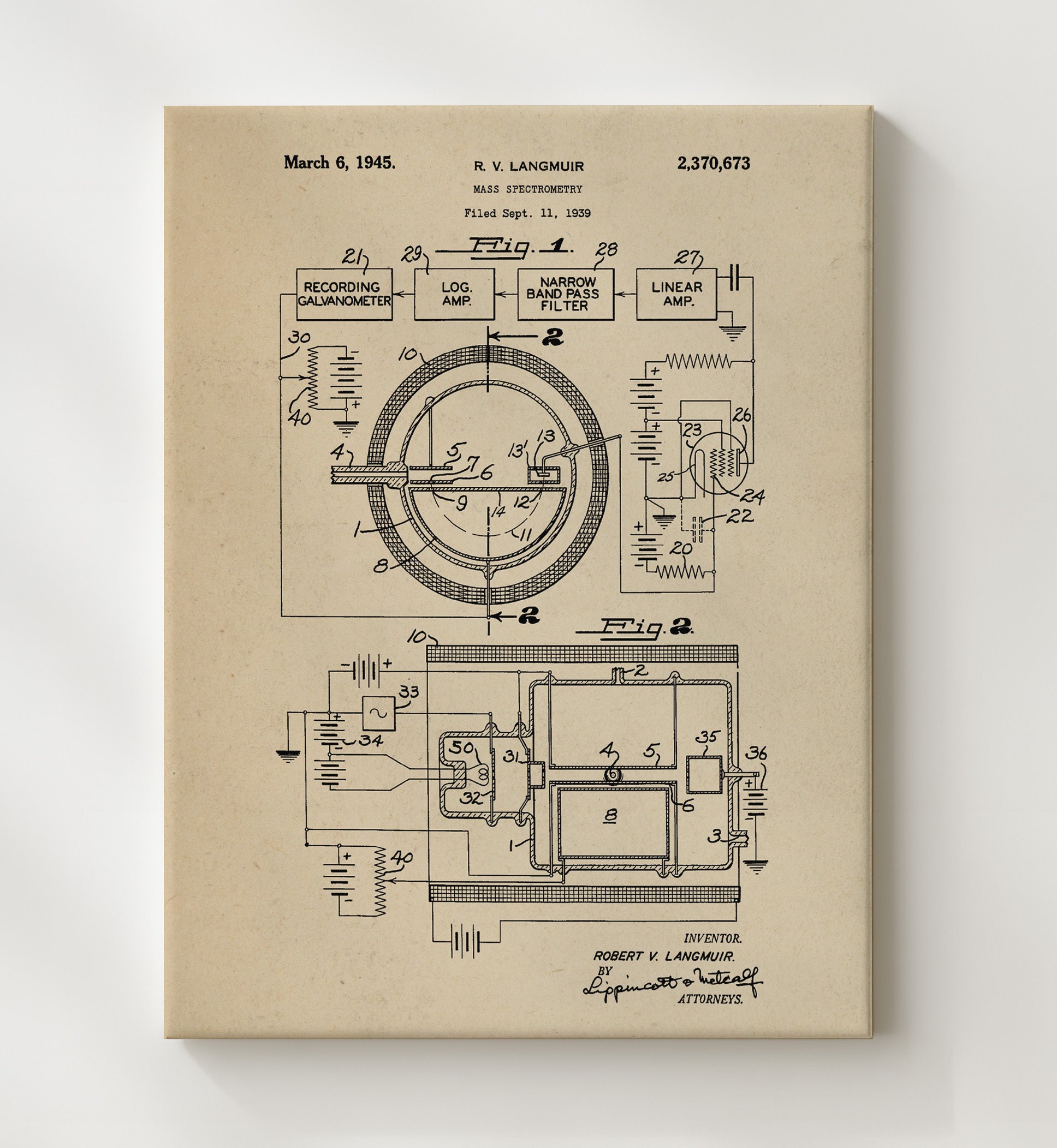 Patent Print - Mass Spectrometry Apparatus - Robert V Langmuir - 1945 - Patent 2370673 Patent Wall Art