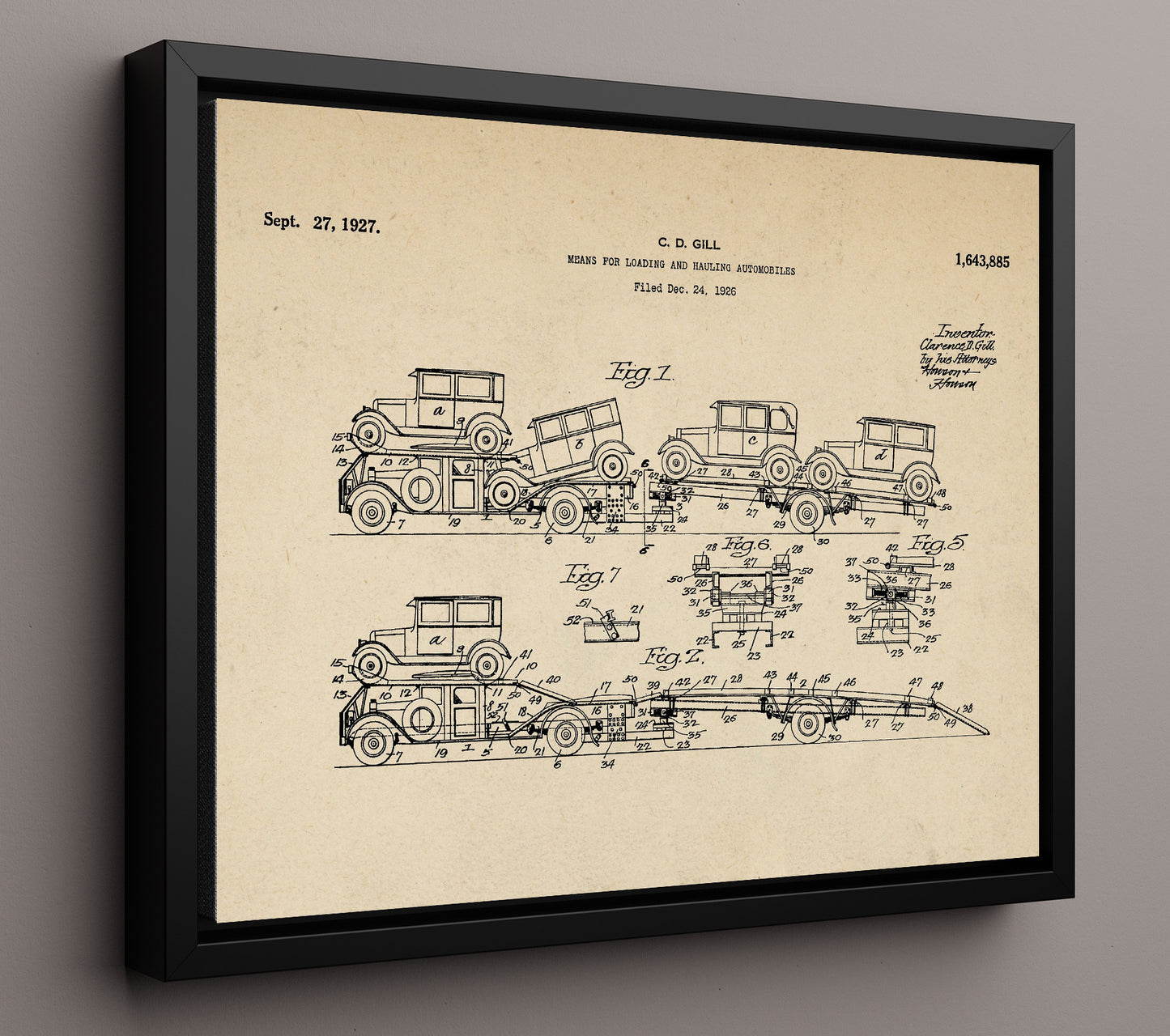 Patent Print - Means For Loading And Hauling Automobiles - Clarence D Gill - 1927 - Patent 1643885 - Landscape Patent Wall Art