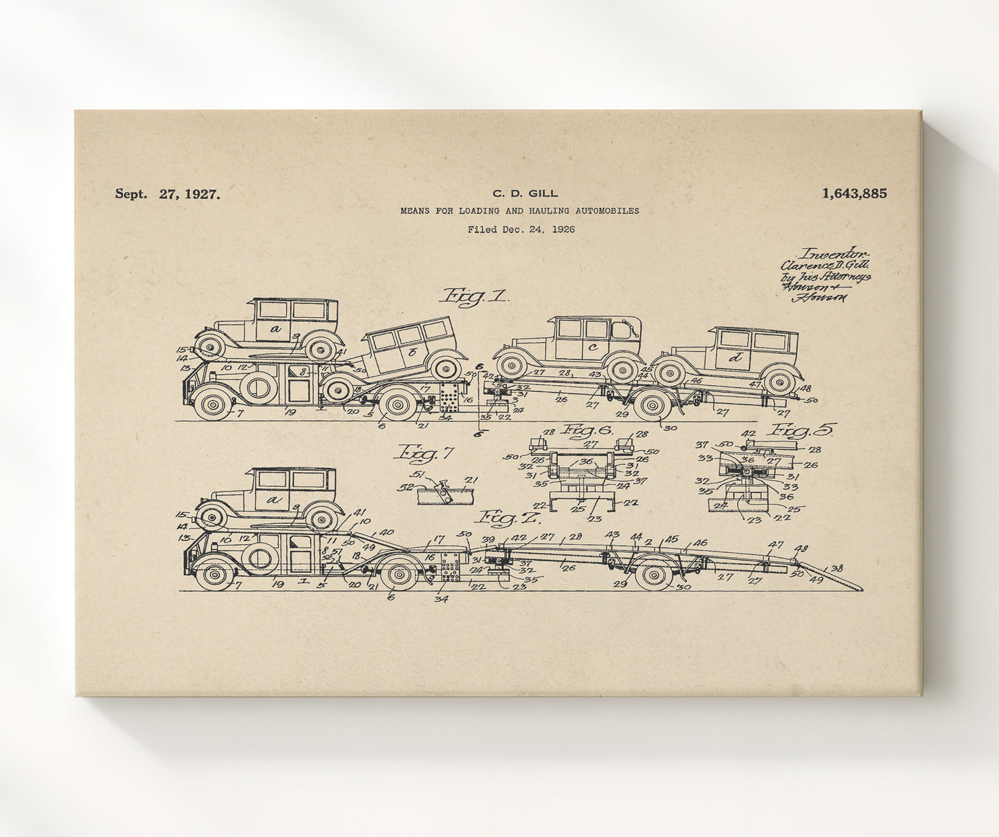 Patent Print - Means For Loading And Hauling Automobiles - Clarence D Gill - 1927 - Patent 1643885 - Landscape Patent Wall Art