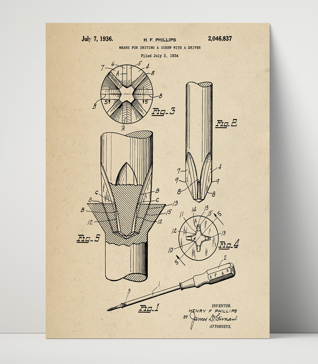 Patent Print - Means For Uniting A Screw With A Driver - H. F. Phillips - 1936 - Patent 2046837 Patent Wall Art