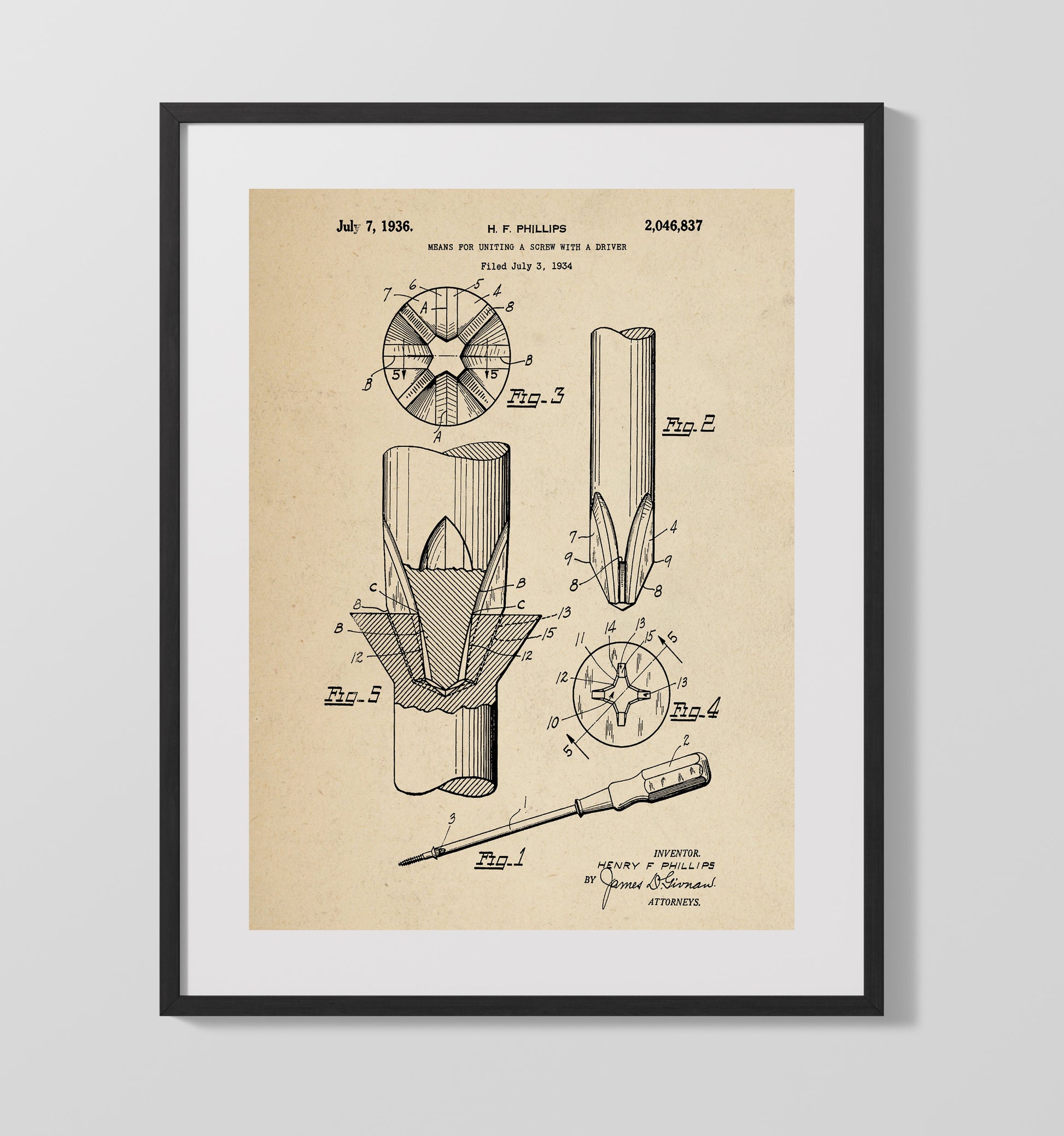Patent Print - Means For Uniting A Screw With A Driver - H. F. Phillips - 1936 - Patent 2046837 Patent Wall Art