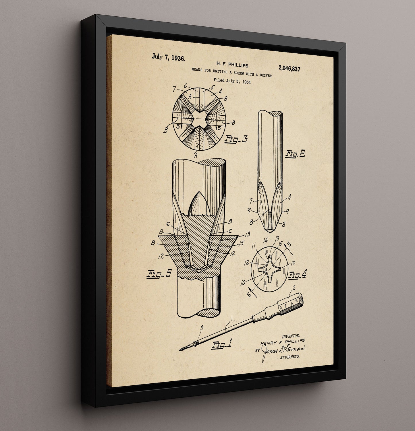 Patent Print - Means For Uniting A Screw With A Driver - H. F. Phillips - 1936 - Patent 2046837 Patent Wall Art