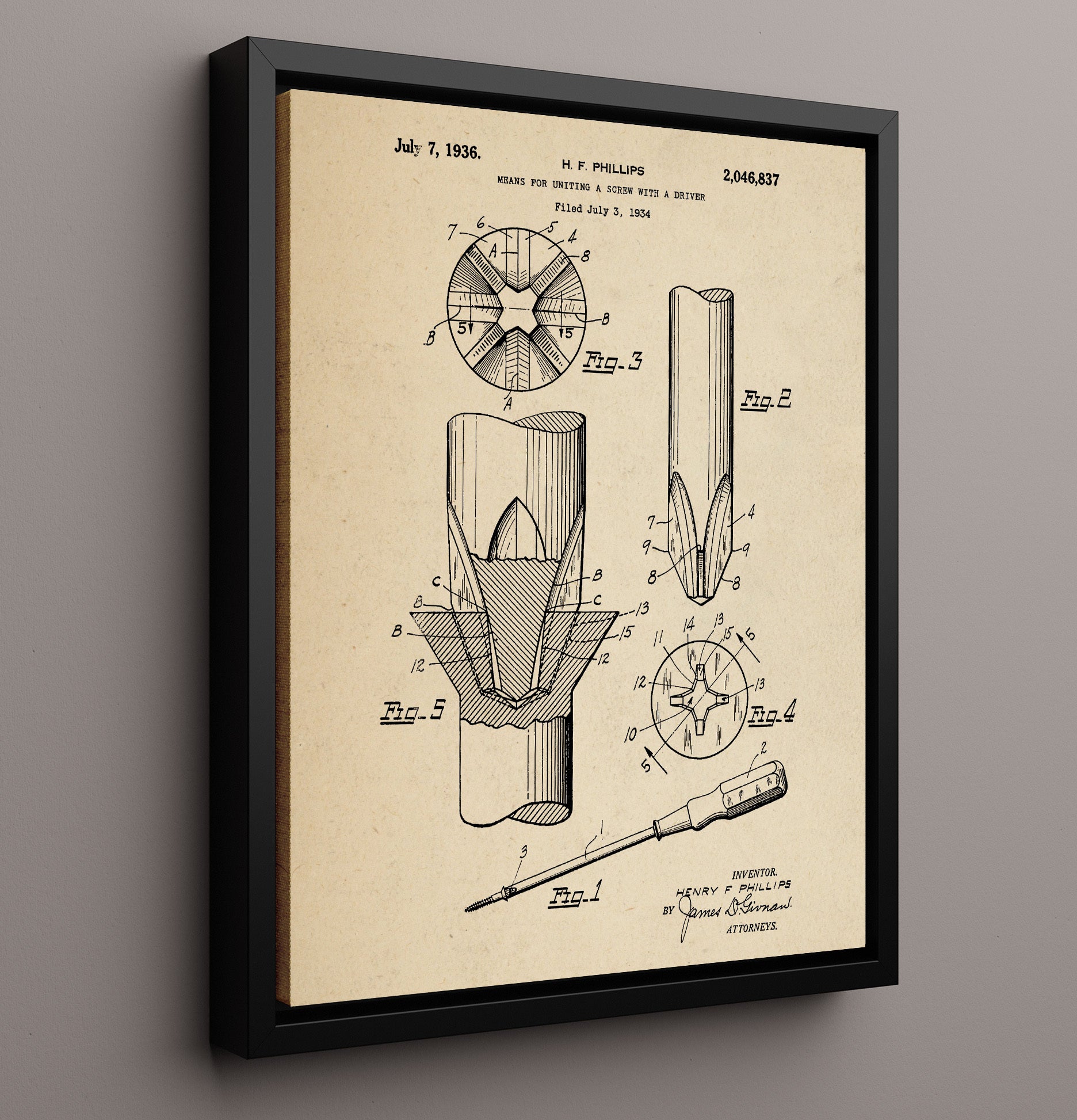 Patent Print - Means For Uniting A Screw With A Driver - H. F. Phillips - 1936 - Patent 2046837 Patent Wall Art