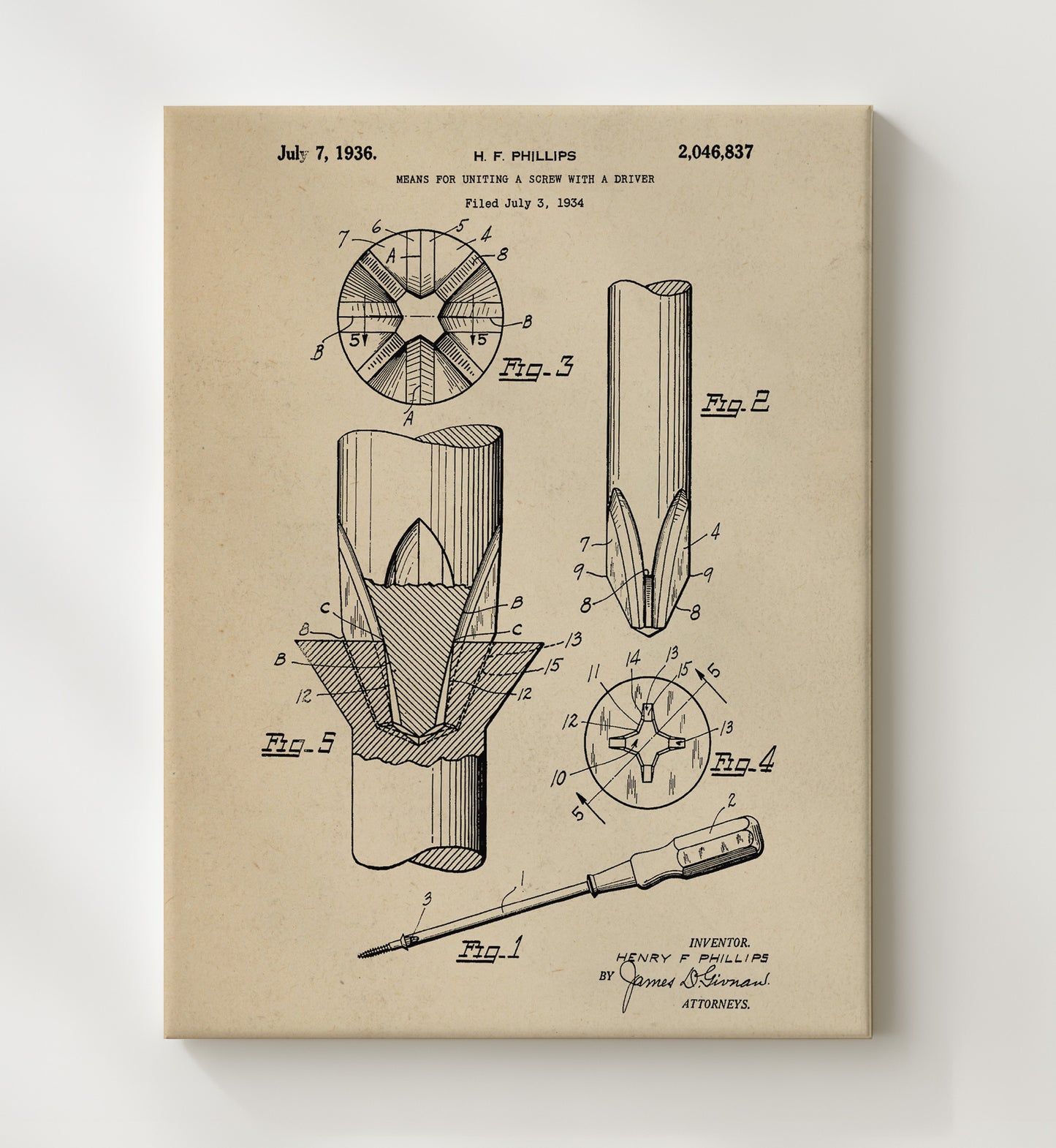 Patent Print - Means For Uniting A Screw With A Driver - H. F. Phillips - 1936 - Patent 2046837 Patent Wall Art