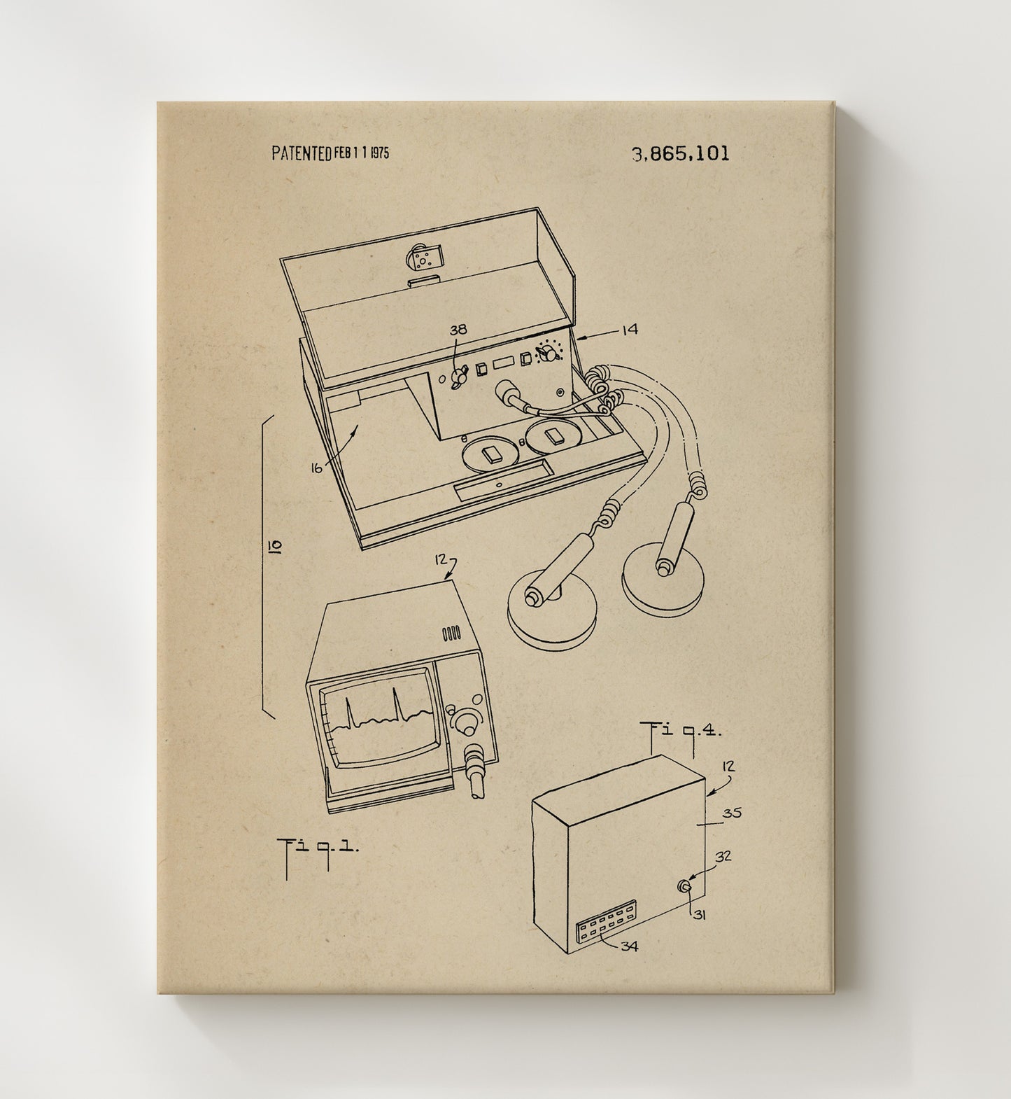 Patent Print - Medical Cardiac Monitoring Device - Cardiac Diagnostics System - 1975 - Patent 3865101 Patent Wall Art