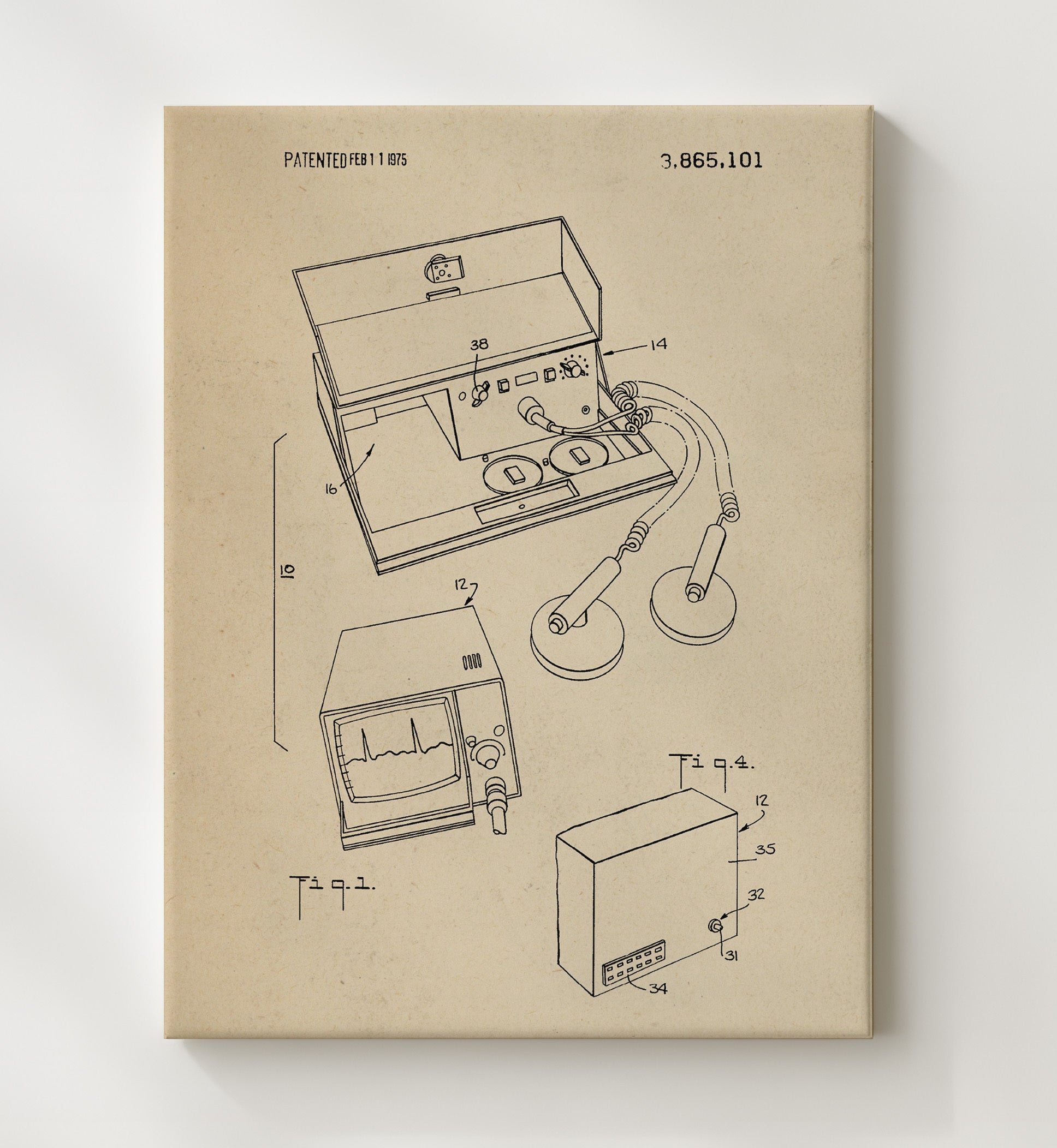 Patent Print - Medical Cardiac Monitoring Device - Cardiac Diagnostics System - 1975 - Patent 3865101 Patent Wall Art