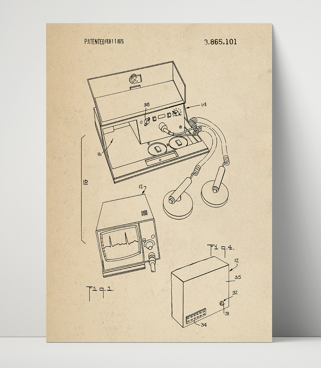 Patent Print - Medical Cardiac Monitoring Device - Cardiac Diagnostics System - 1975 - Patent 3865101 Patent Wall Art