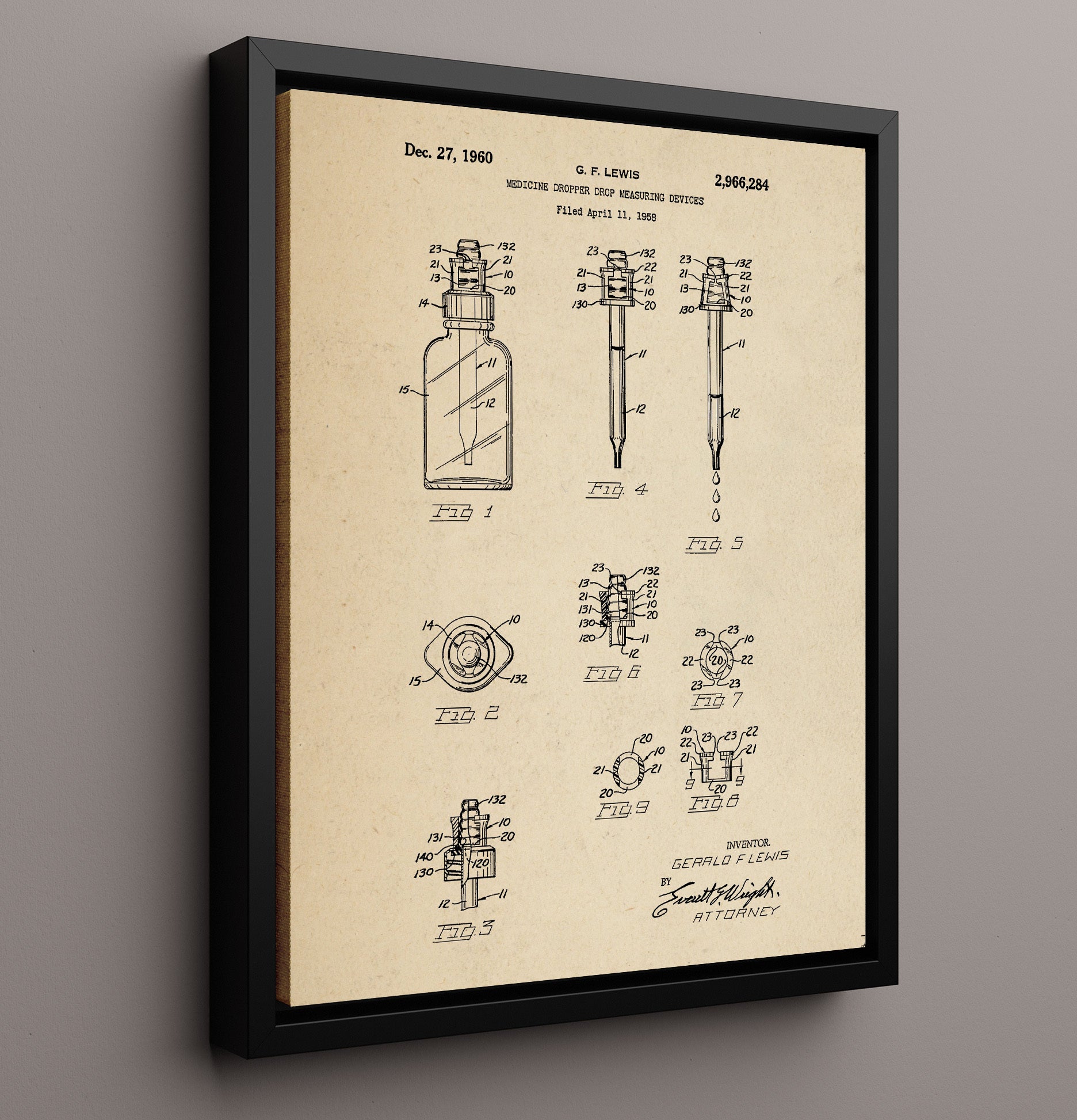 Patent Print - Medicine Dropper Measuring Devices - Gerald F. Lewis - 1960 - Patent 2966284 Patent Wall Art