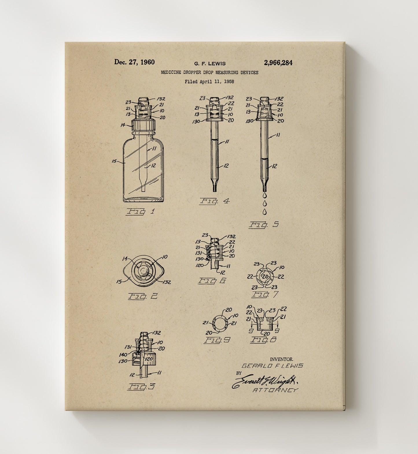 Patent Print - Medicine Dropper Measuring Devices - Gerald F. Lewis - 1960 - Patent 2966284 Patent Wall Art