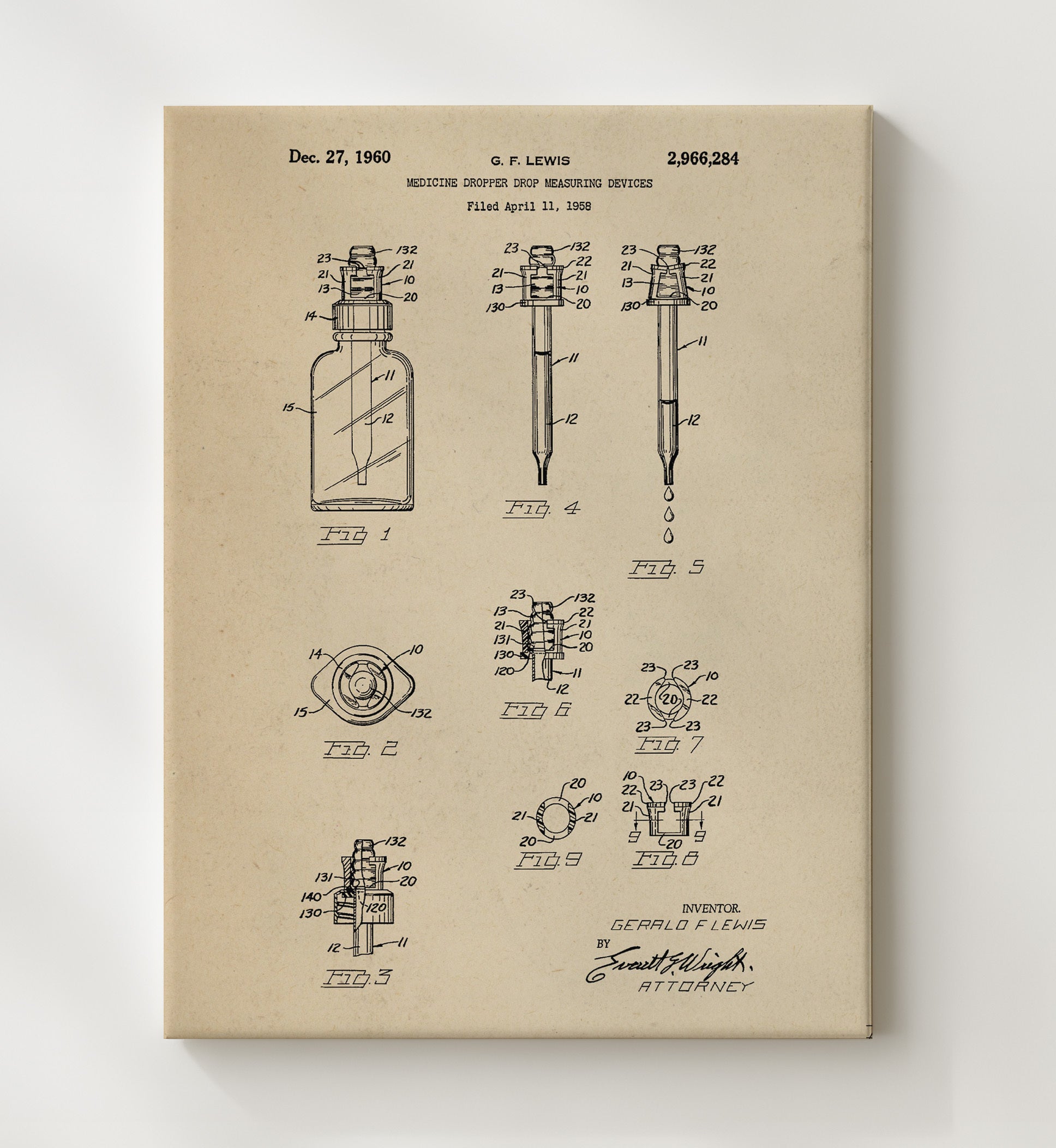 Patent Print - Medicine Dropper Measuring Devices - Gerald F. Lewis - 1960 - Patent 2966284 Patent Wall Art