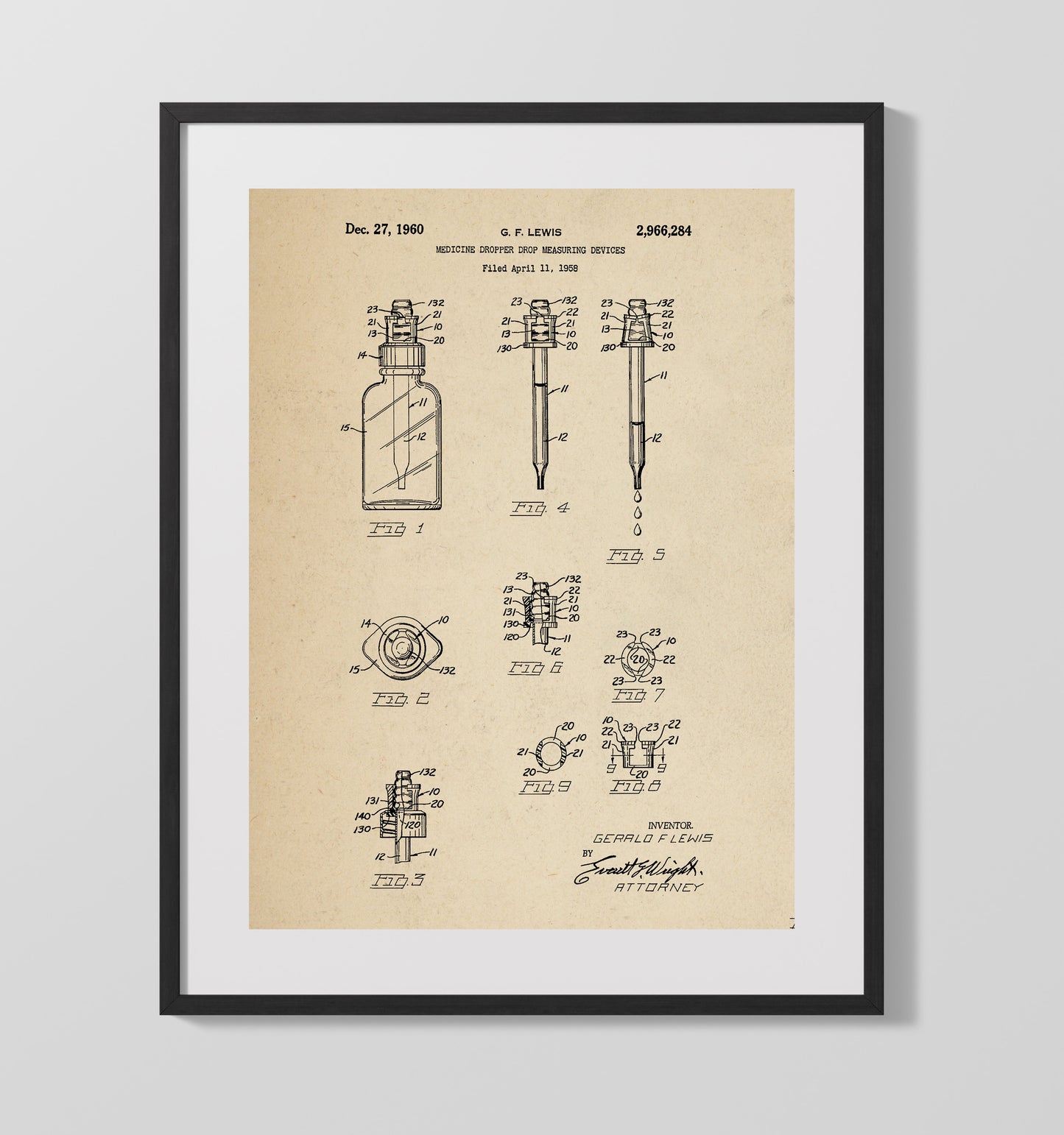 Patent Print - Medicine Dropper Measuring Devices - Gerald F. Lewis - 1960 - Patent 2966284 Patent Wall Art