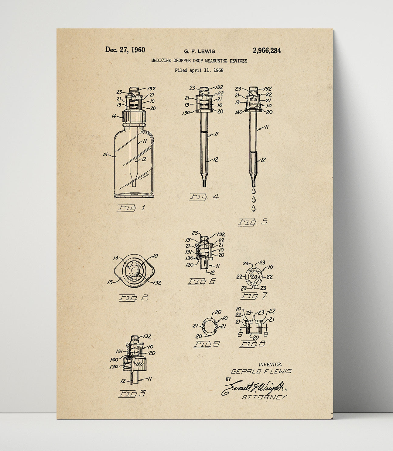 Patent Print - Medicine Dropper Measuring Devices - Gerald F. Lewis - 1960 - Patent 2966284 Patent Wall Art