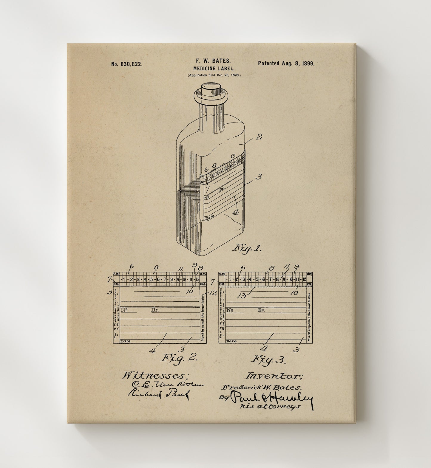 Patent Print - Medicine Label - F. W. Bates - 1899 - Patent 630822 Patent Wall Art