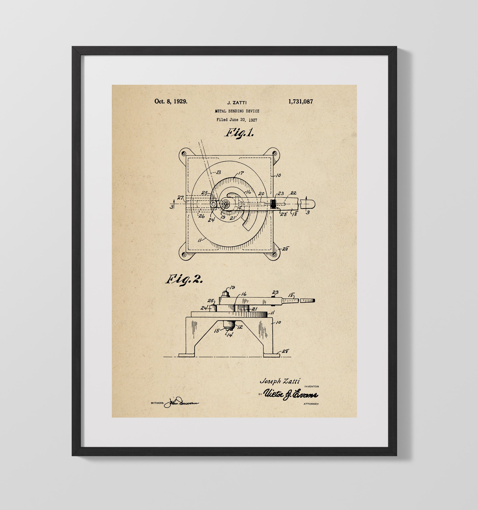 Patent Print - Metal Bending Device - J. Zatti - 1929 - Patent 1731087 Patent Wall Art