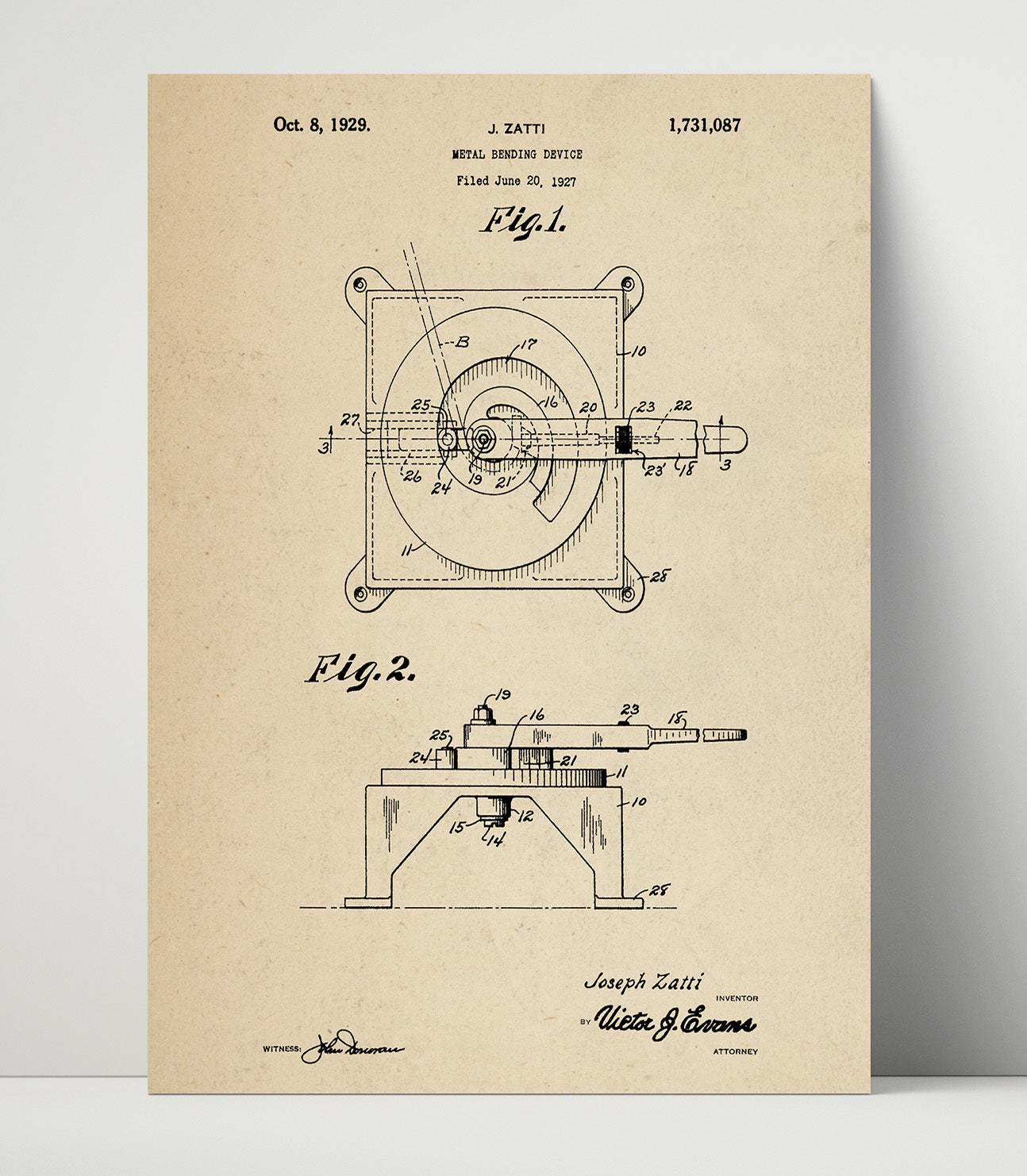 Patent Print - Metal Bending Device - J. Zatti - 1929 - Patent 1731087 Patent Wall Art