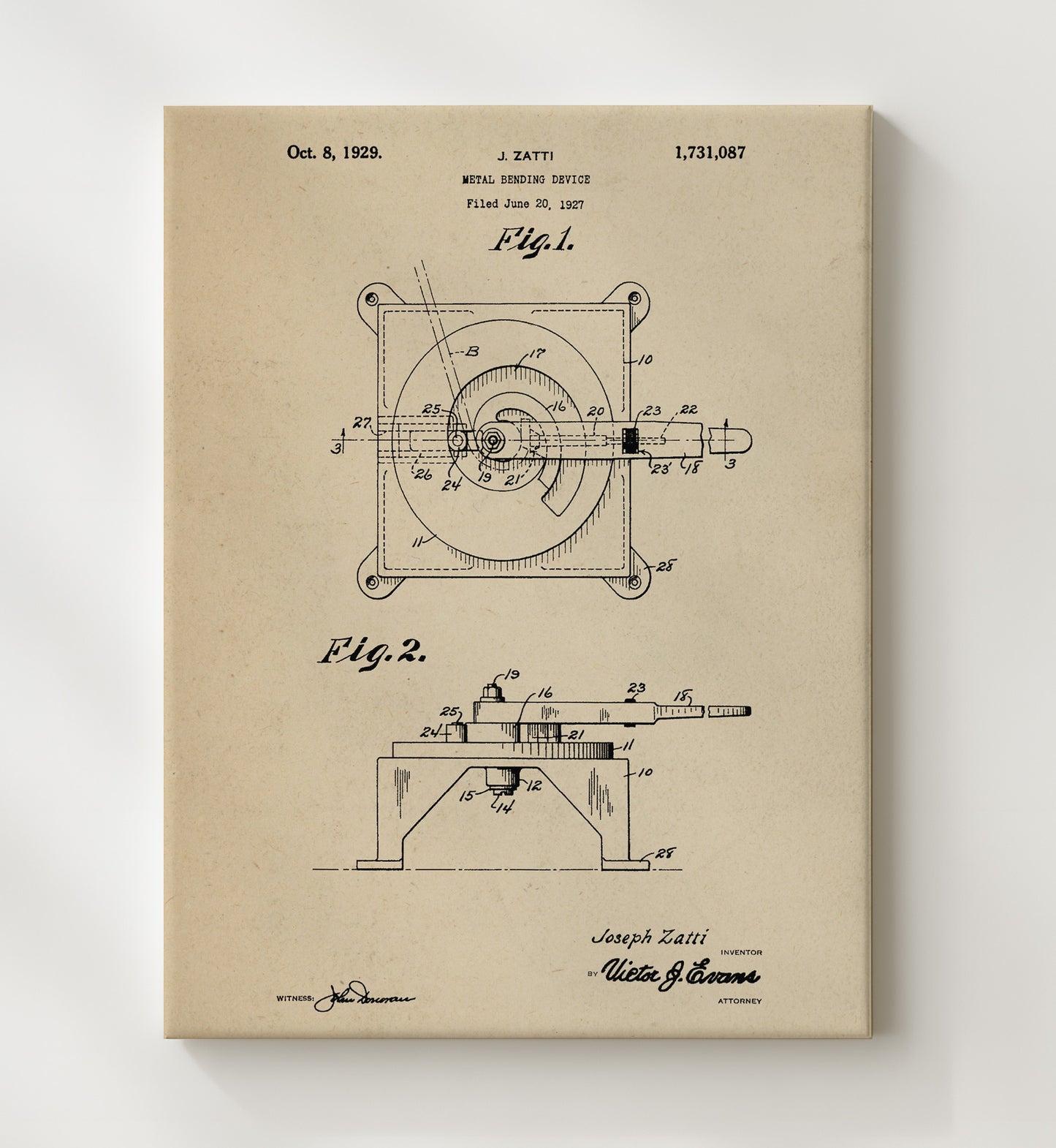 Patent Print - Metal Bending Device - J. Zatti - 1929 - Patent 1731087 Patent Wall Art