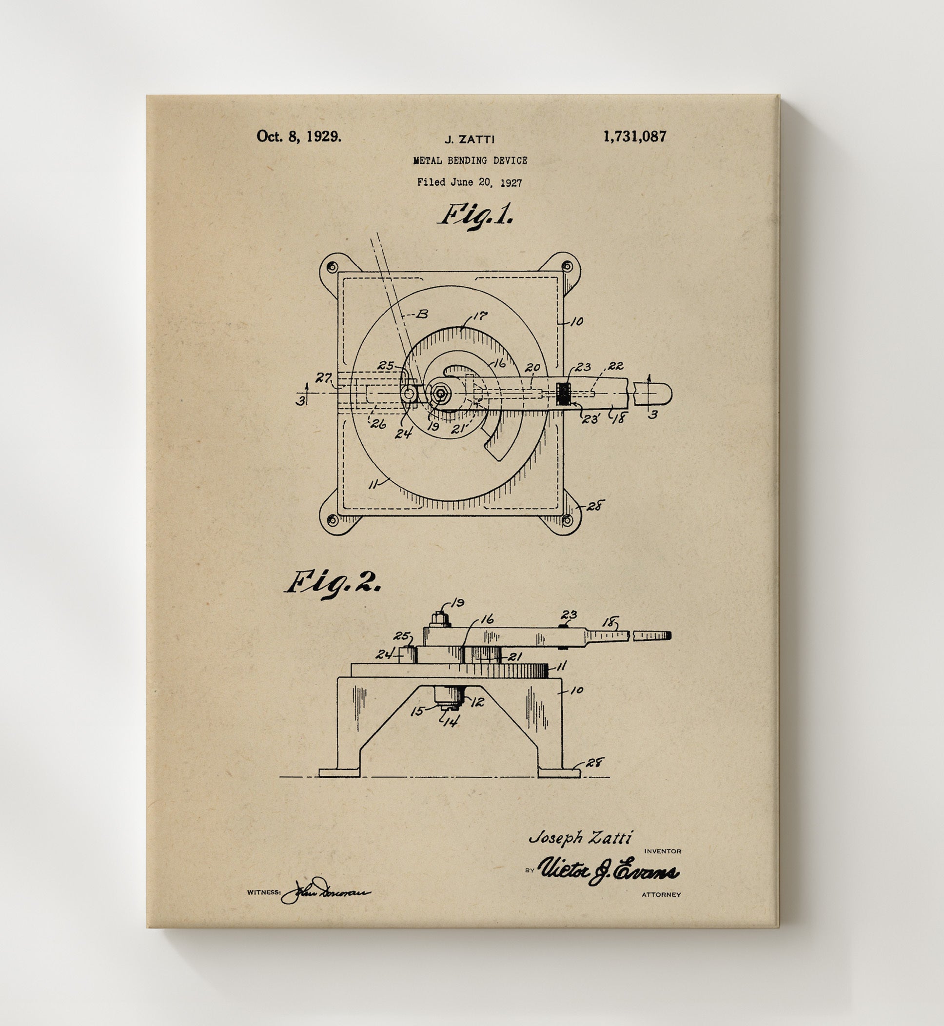 Patent Print - Metal Bending Device - J. Zatti - 1929 - Patent 1731087 Patent Wall Art