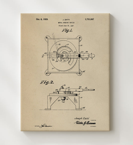 Metal Bending Device - 1929 Patent - 20x24 Canvas