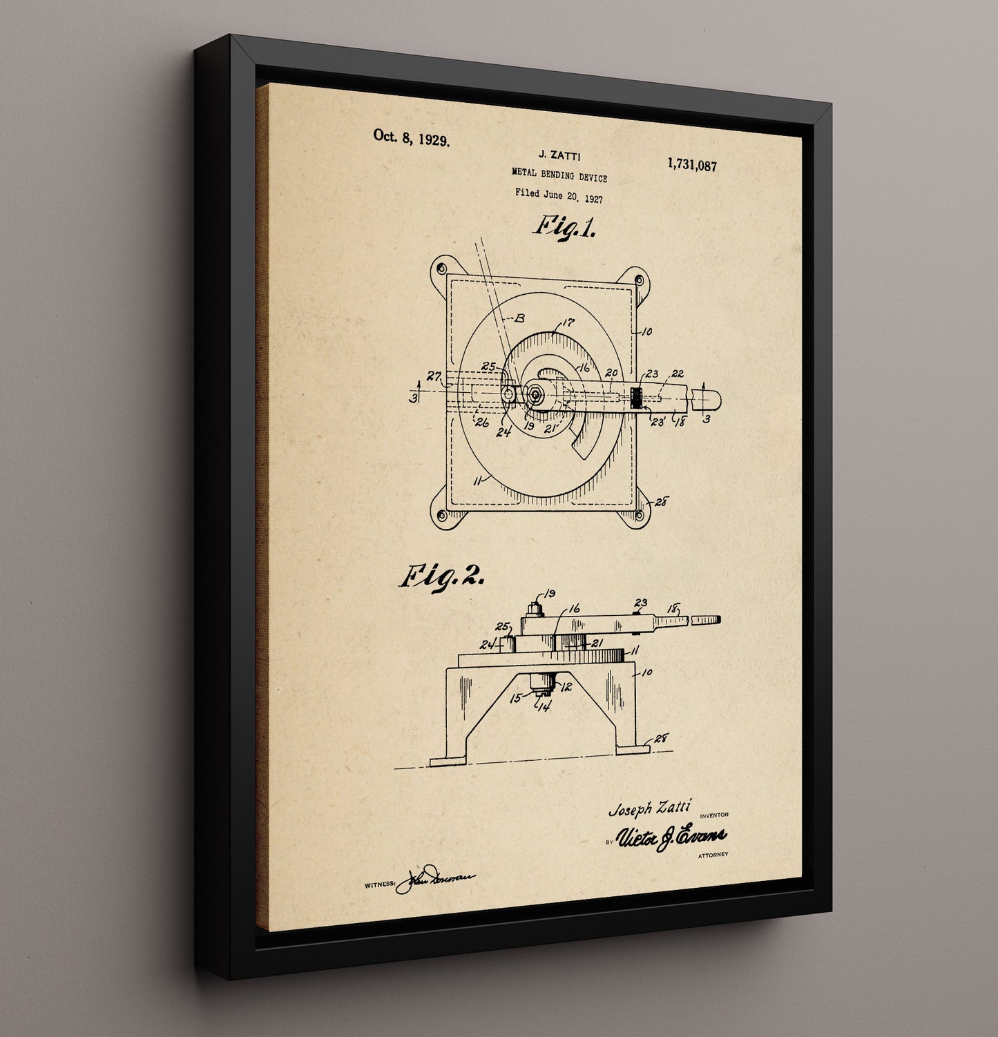 Patent Print - Metal Bending Device - J. Zatti - 1929 - Patent 1731087 Patent Wall Art