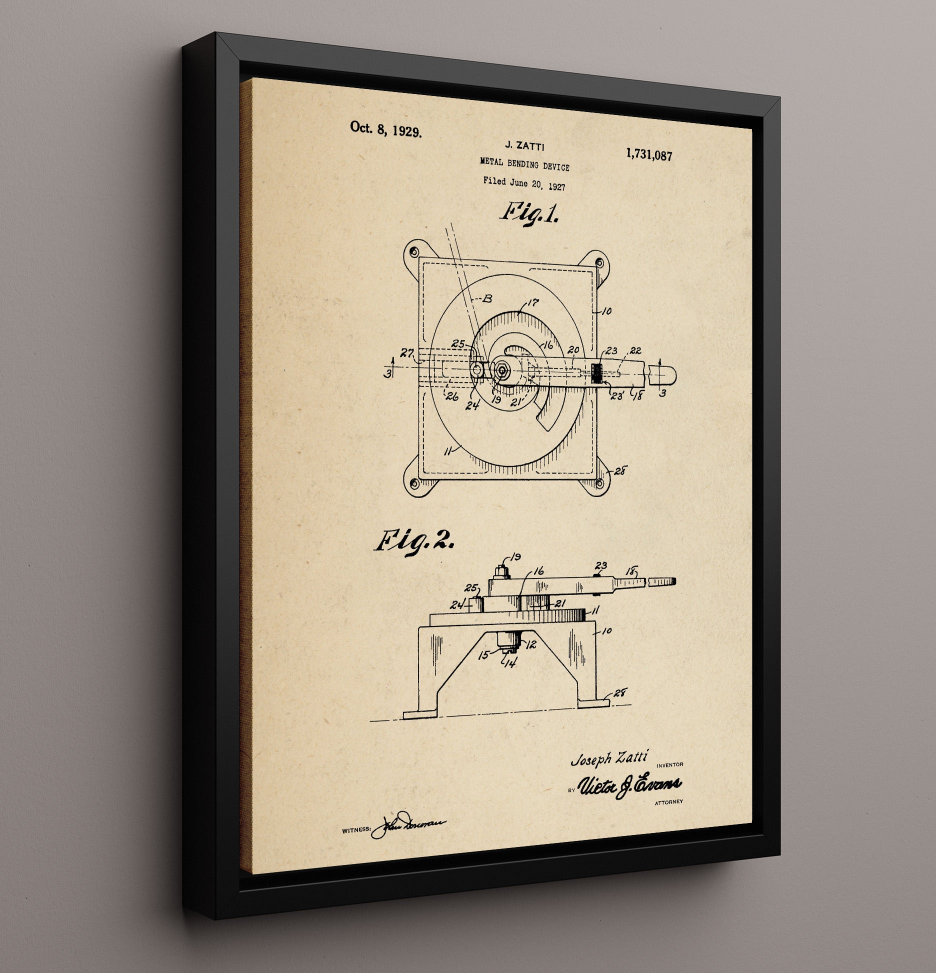 Patent Print - Metal Bending Device - J. Zatti - 1929 - Patent 1731087 Patent Wall Art